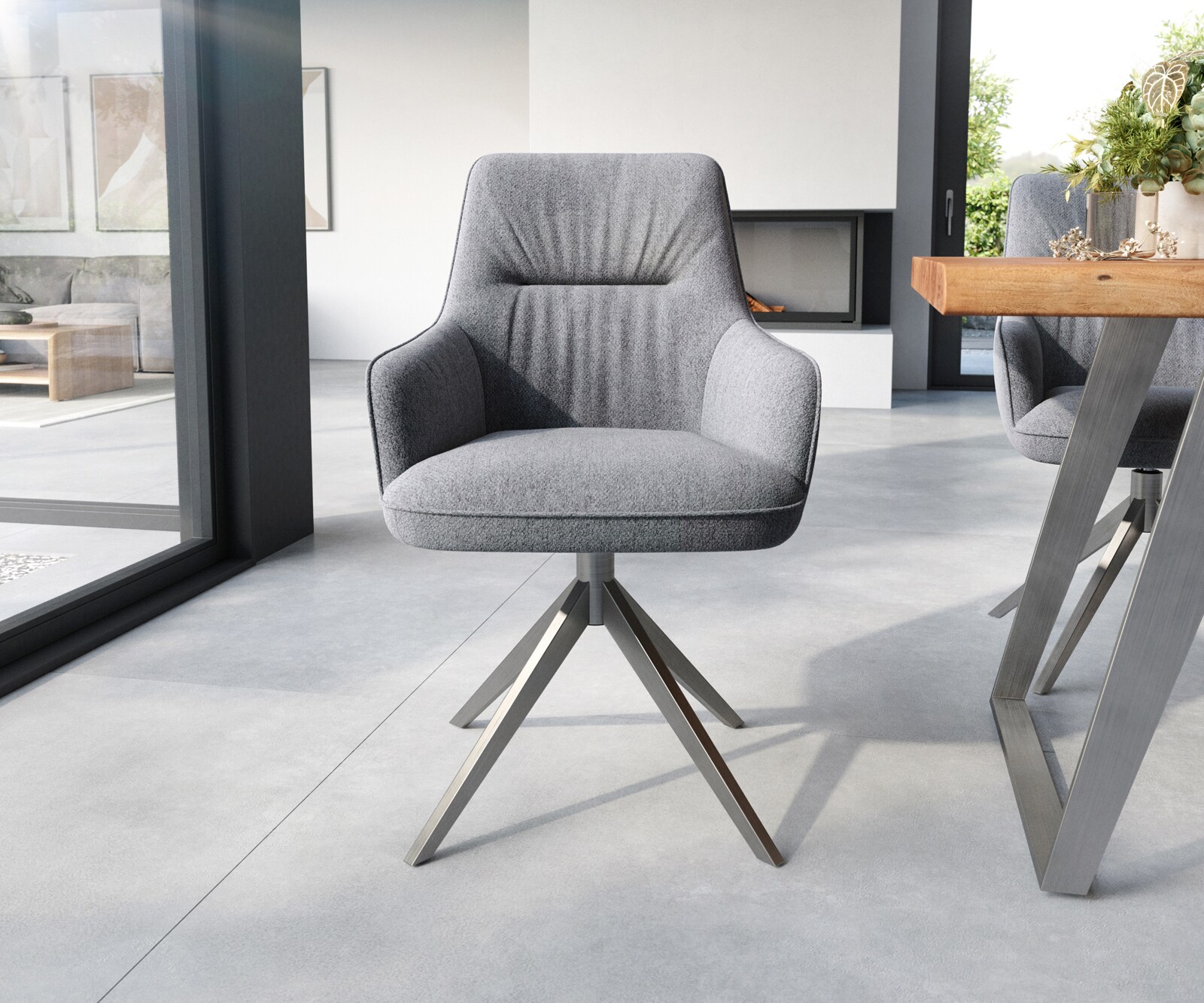 Esszimmerstuhl Zelia-Flex mit Armlehnen Strukturstoff Hellgrau Kreuzgestell breit Edelstahl Taschenfederkern 2