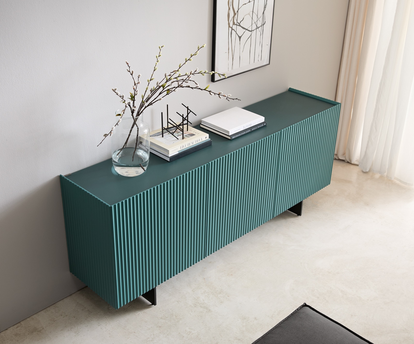 Sideboard Kelani 180 cm Petrol 3 Türen Fuß schwebend Metall Schwarz 3 Sideboard Kelani 180 cm Petrol 3 Türen Fuß schwebend Metall Schwarz 3