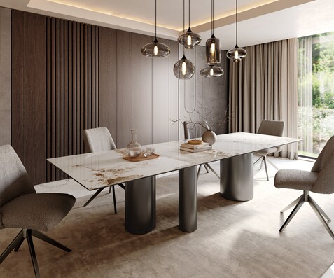 Esstisch Edge 300x100 Keramik Minas Melange Weiß-Beige Troa Edelstahl Graphit