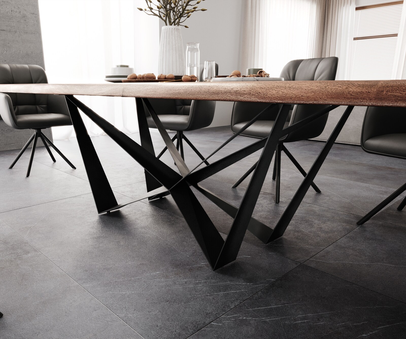 Esstisch Edge 300x100 XL Akazie Braun Spider Flachstahl Schwarz Live-Edge 6
