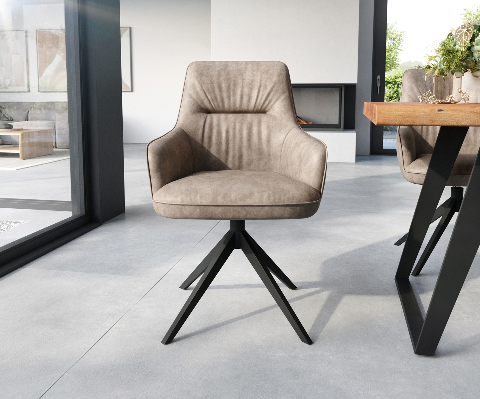 Esszimmerstuhl Zelia-Flex mit Armlehnen Mikrofaser Taupe Vintage Kreuzgestell breit Schwarz Taschenfederkern 2