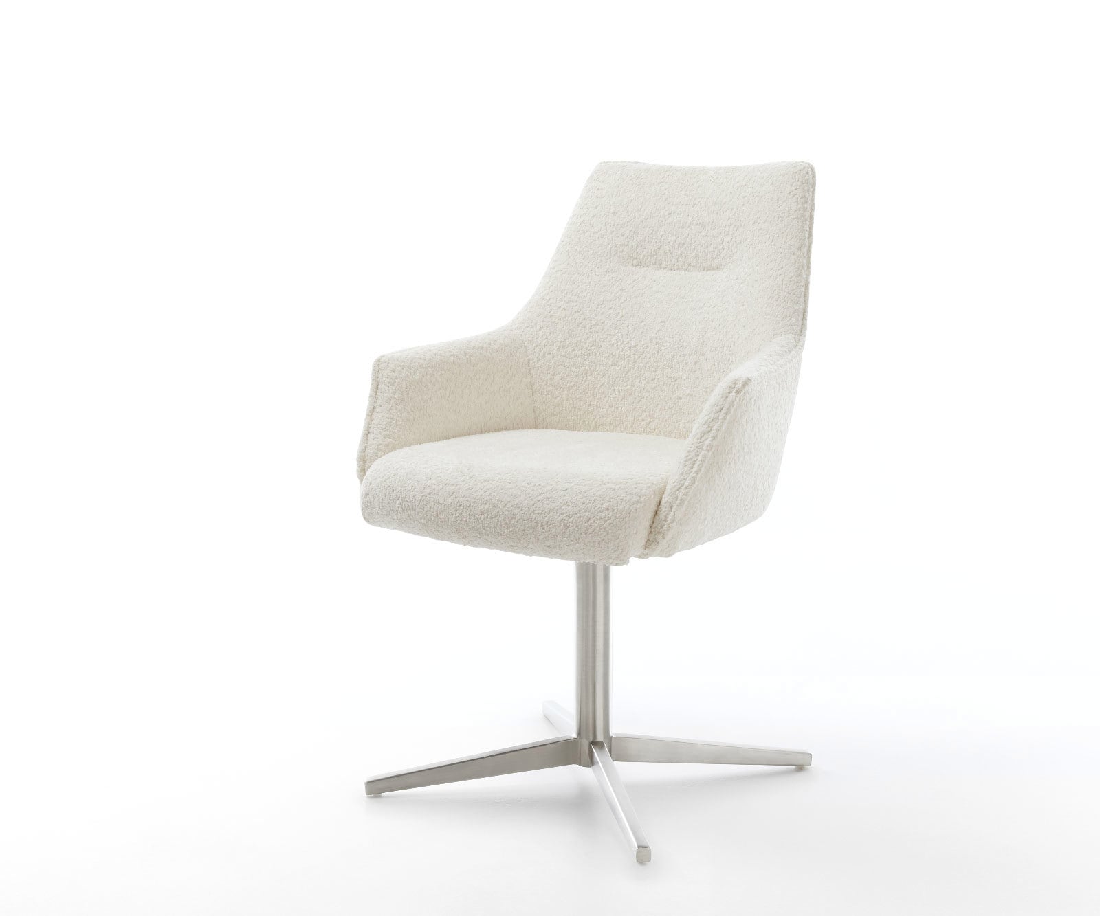 Drehstuhl Alja-Flex mit Armlehnen Bouclé Weiß Fußkreuz Edelstahl 360° drehbar Taschenfederkern Drehstuhl Alja-Flex mit Armlehnen Bouclé Weiß Fußkreuz Edelstahl 360° drehbar Taschenfederkern