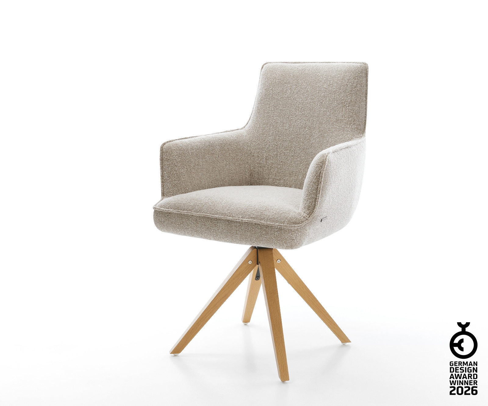 Drehstuhl Heira-Flex mit Armlehnen Webstoff Soft Beige Holzgestell kantig Natur 360° drehbar Taschenfederkern
