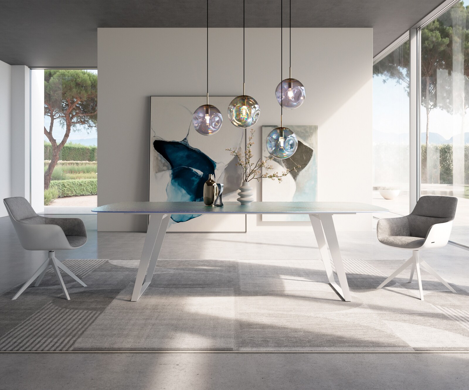 Esstisch Edge Boot 240x120 cm Reliefglas Perlmutt 3D-Design Metall Schräg Weiß 2