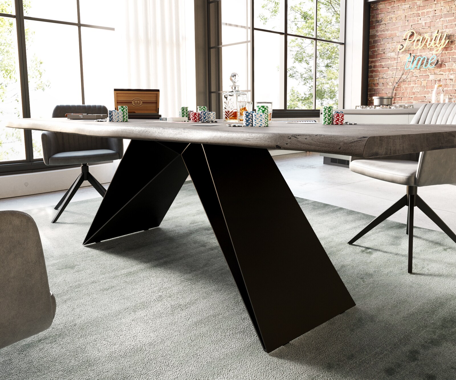 Esstisch Edge 260x100 Akazie Platin V-Gestell Flachstahl Schwarz Live-Edge 4