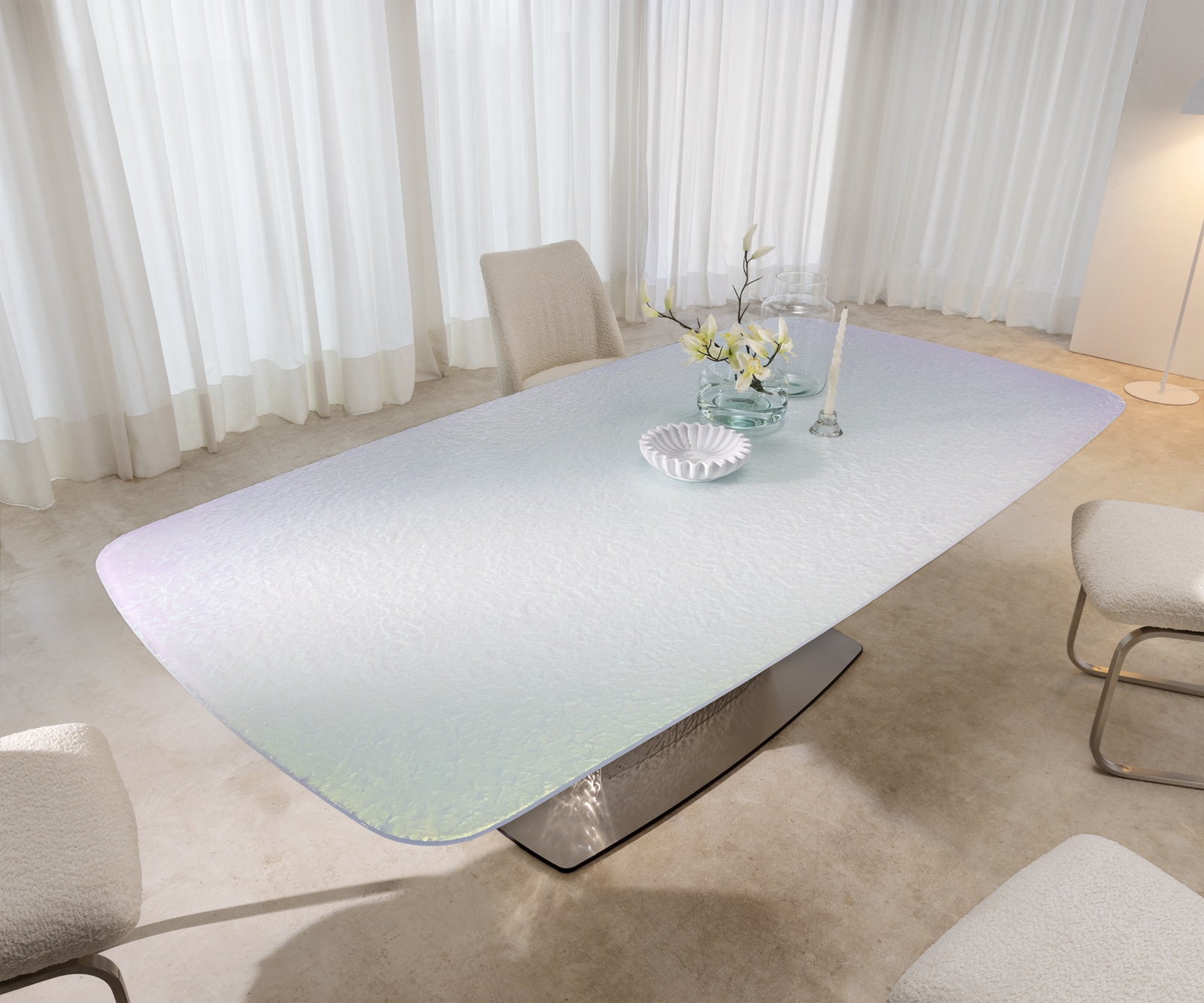Esstisch Edge Boot 240x120 Reliefglas Perlmutt 3D-Design Wave Edelstahl 5