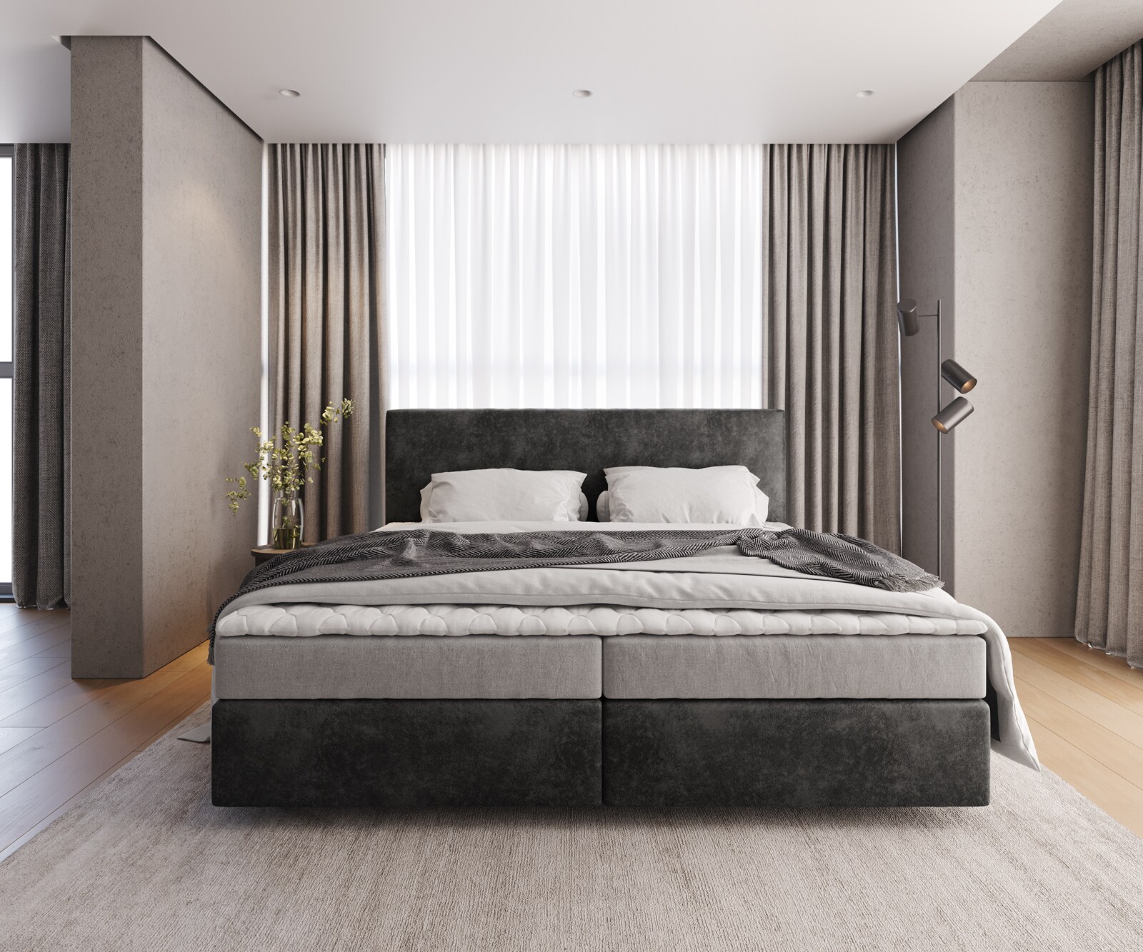 Boxspringbett Dream-Well Mikrofaser Anthrazit Vintage 200x200 cm Bonell-Matratze PU-Topper 1