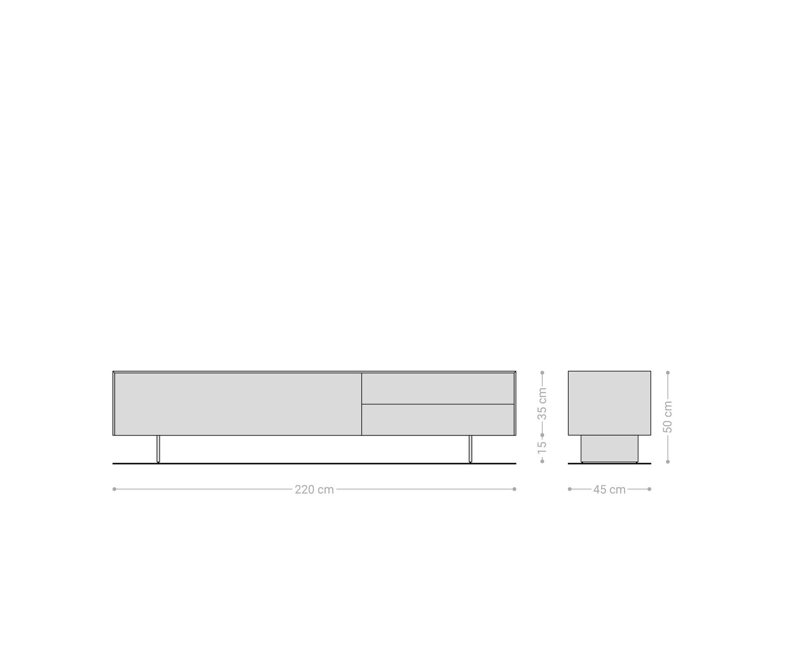 Lowboard Cuor 220 cm Keramik Beton Grau 1 Klappe 2 Schubfächer Fuß Schwebeoptik Metall Schwarz 7