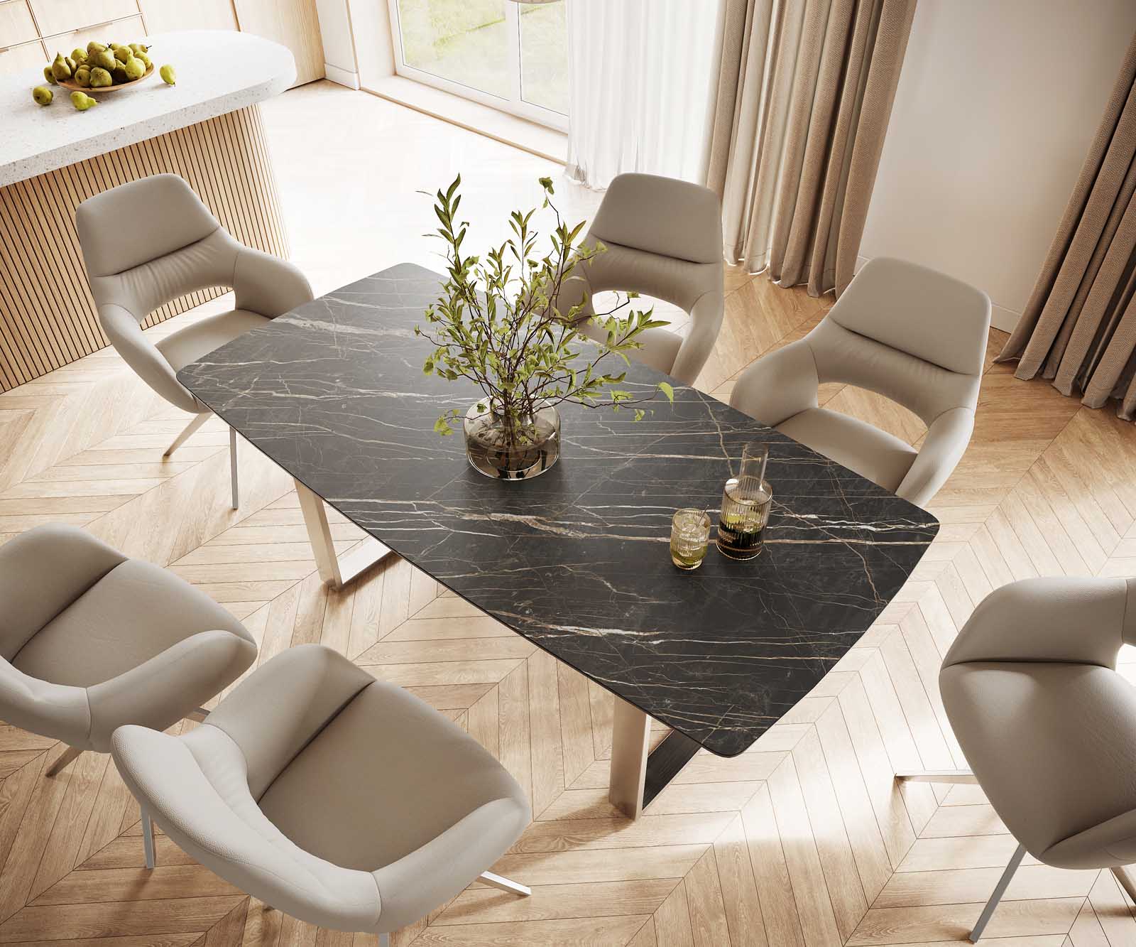 Esstisch Edge Bootsform 200x100 Keramik Laminam® Noir Desir Braun Edelstahl Schmal 3