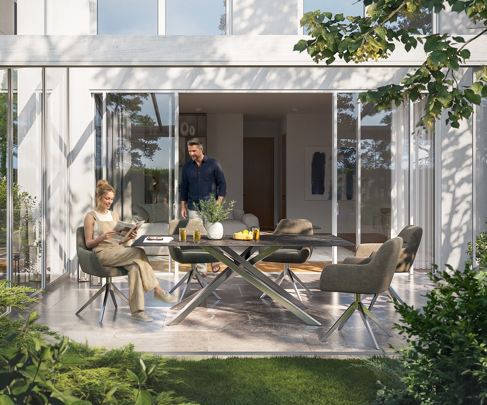 Outdoortisch Edge 200x100 cm Keramik Laminam® Nero Greco Anthrazit Kreuzgestell Rechteck Edelstahl 1