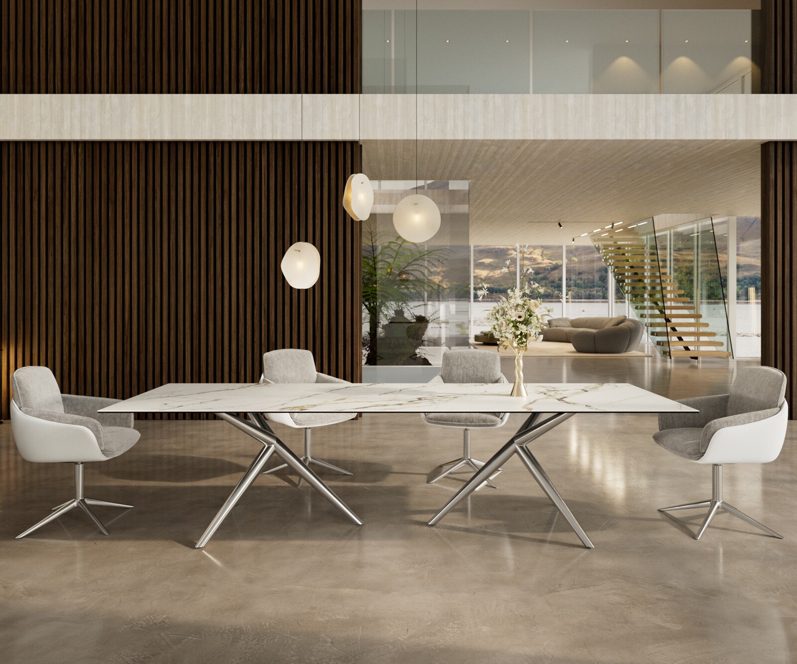 Esstisch Edge 300x100 Keramik Calacatta Luxe Weiß-Gold-Grau Estelar rund Edelstahl