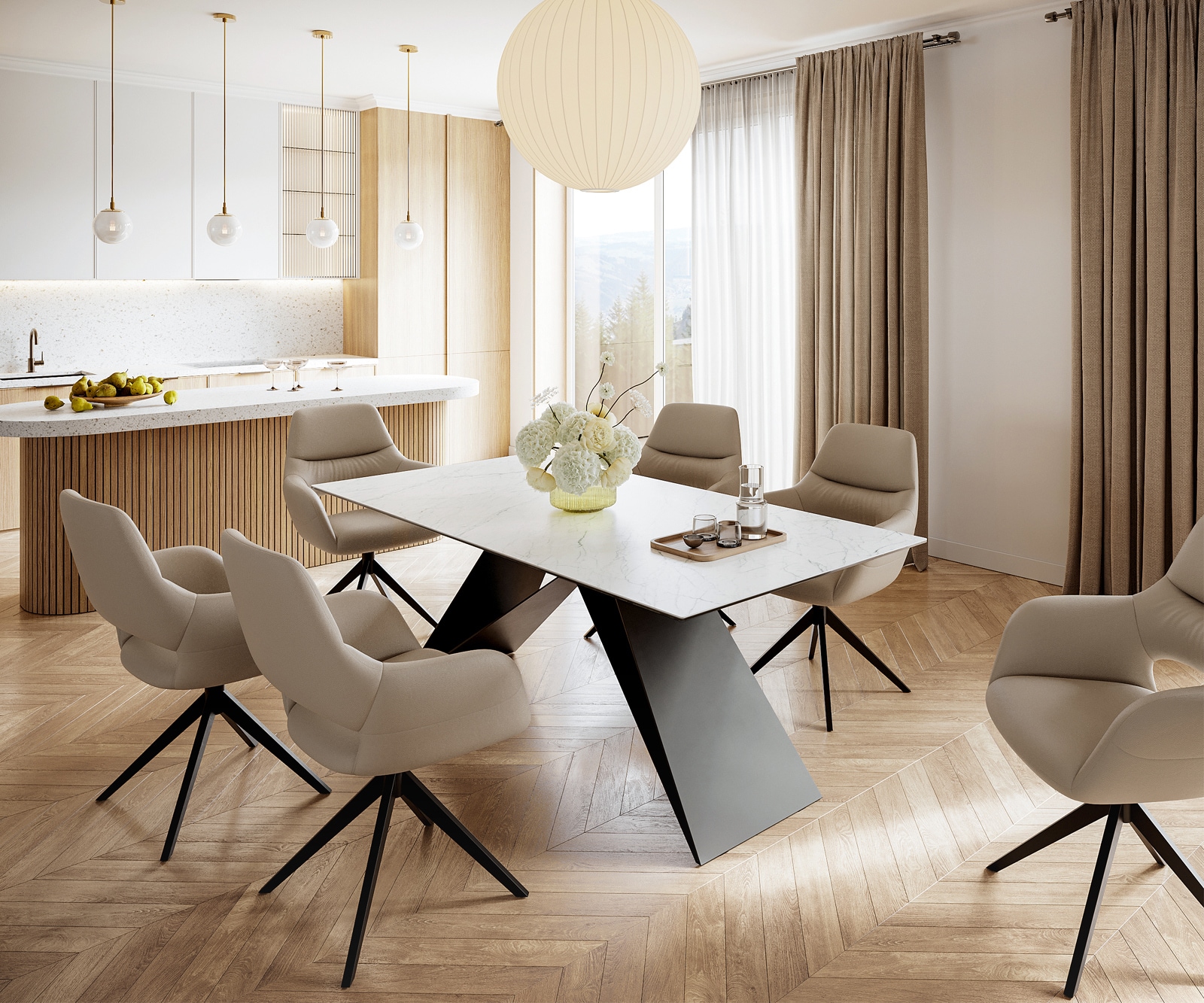 Esszimmertisch Edge Keramik Laminam®Statuarietto Weiß 200x100cm V-Mittelfuß Schwarz