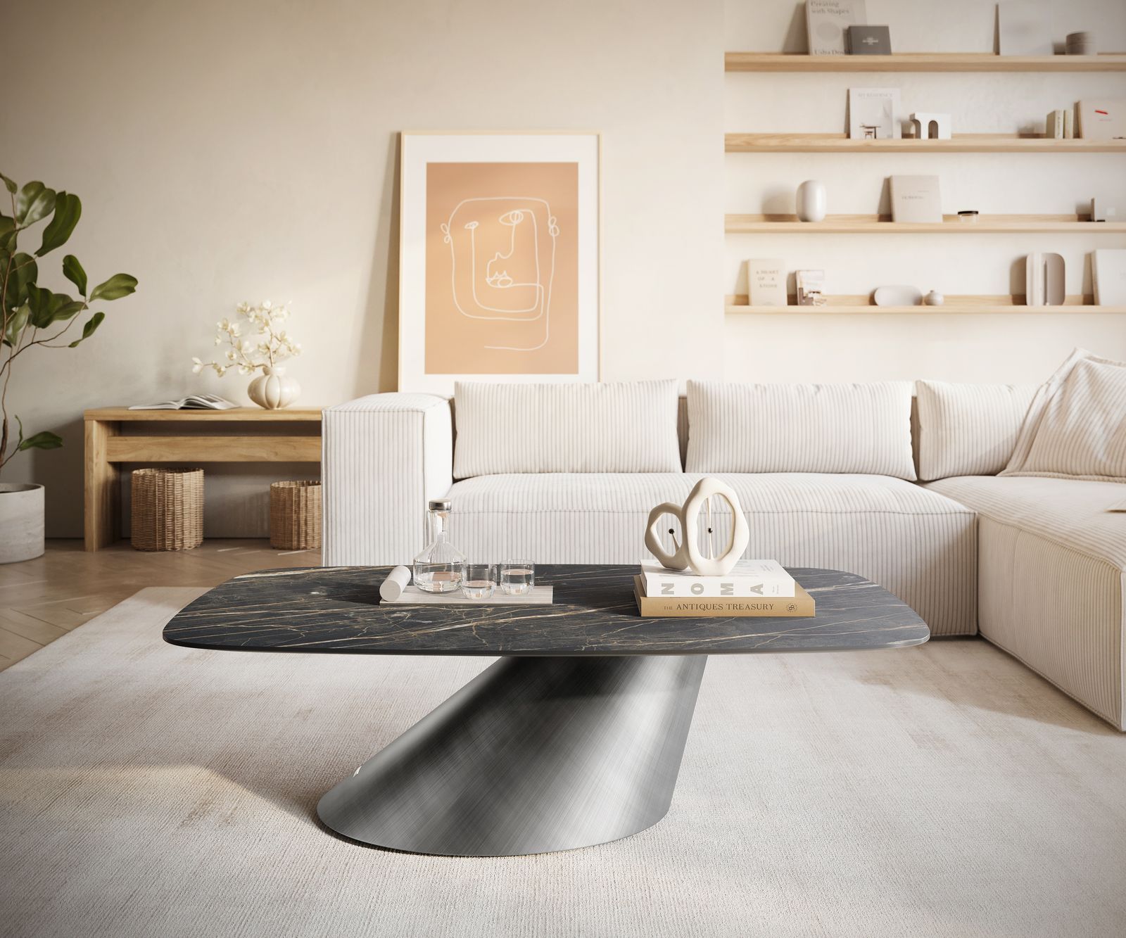 Couchtisch Edge Boot 120x70 cm Keramik Laminam® Noir Desir Braun Conis Metallic Silber 1