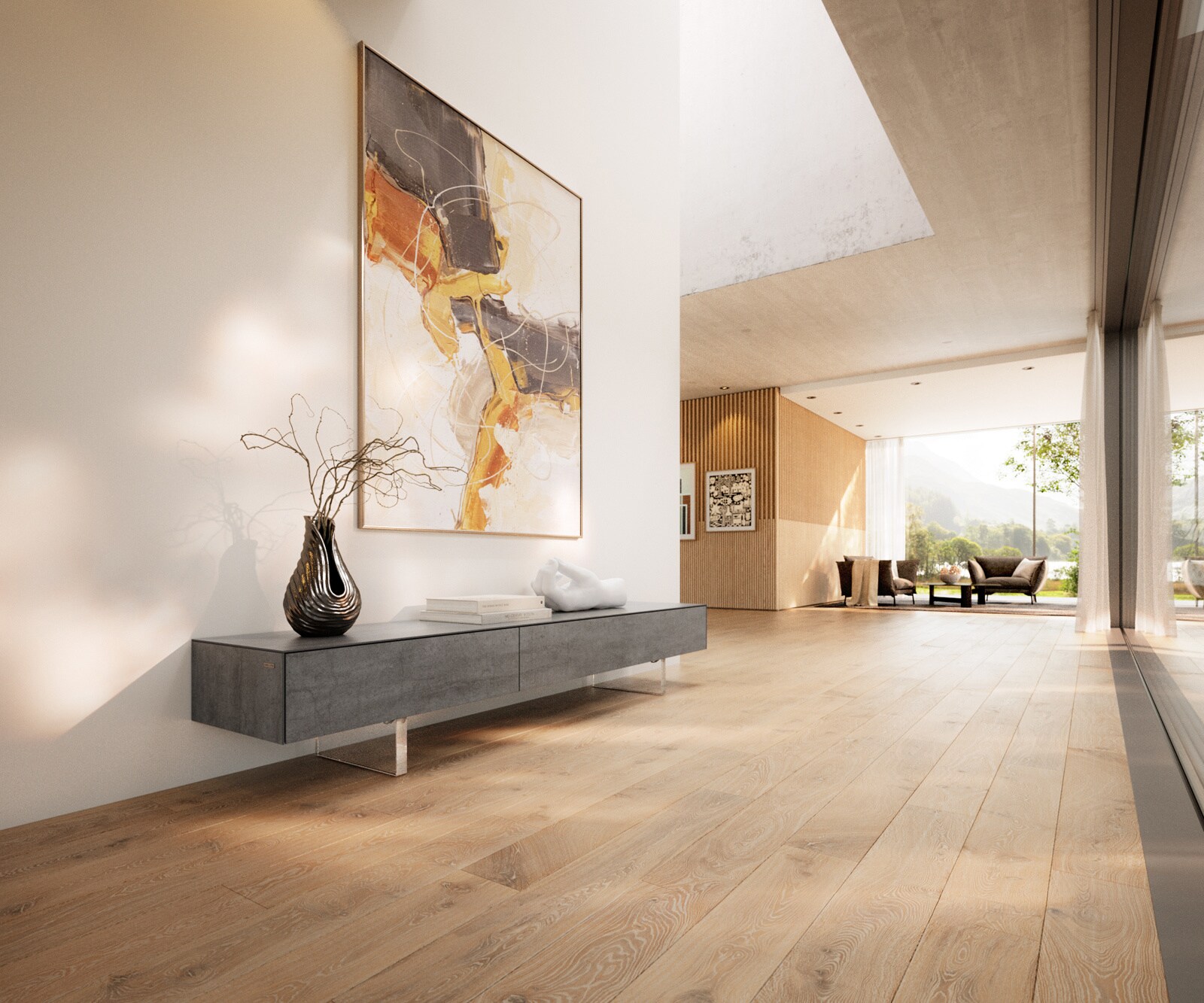 Lowboard Cuor 200 cm Keramik Beton Grau 1 Klappe 1 Schubfach Fuß Schwebeoptik Acrylglas