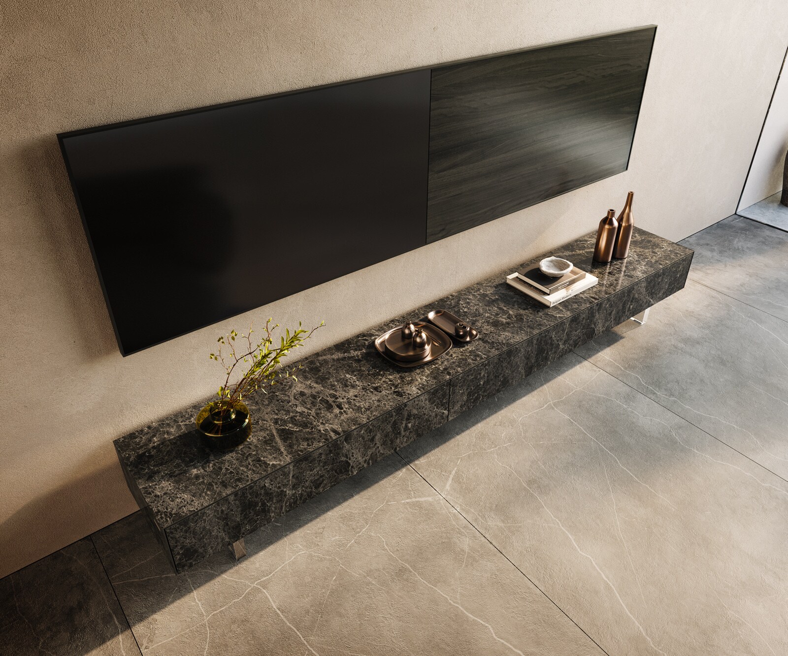 Lowboard Cuor 250 cm Keramik Laminam® Emperador Extra Lucidato Dunkelbraun 1 Klappe 1 Schubfach Fuß Schwebeoptik Acrylglas 4