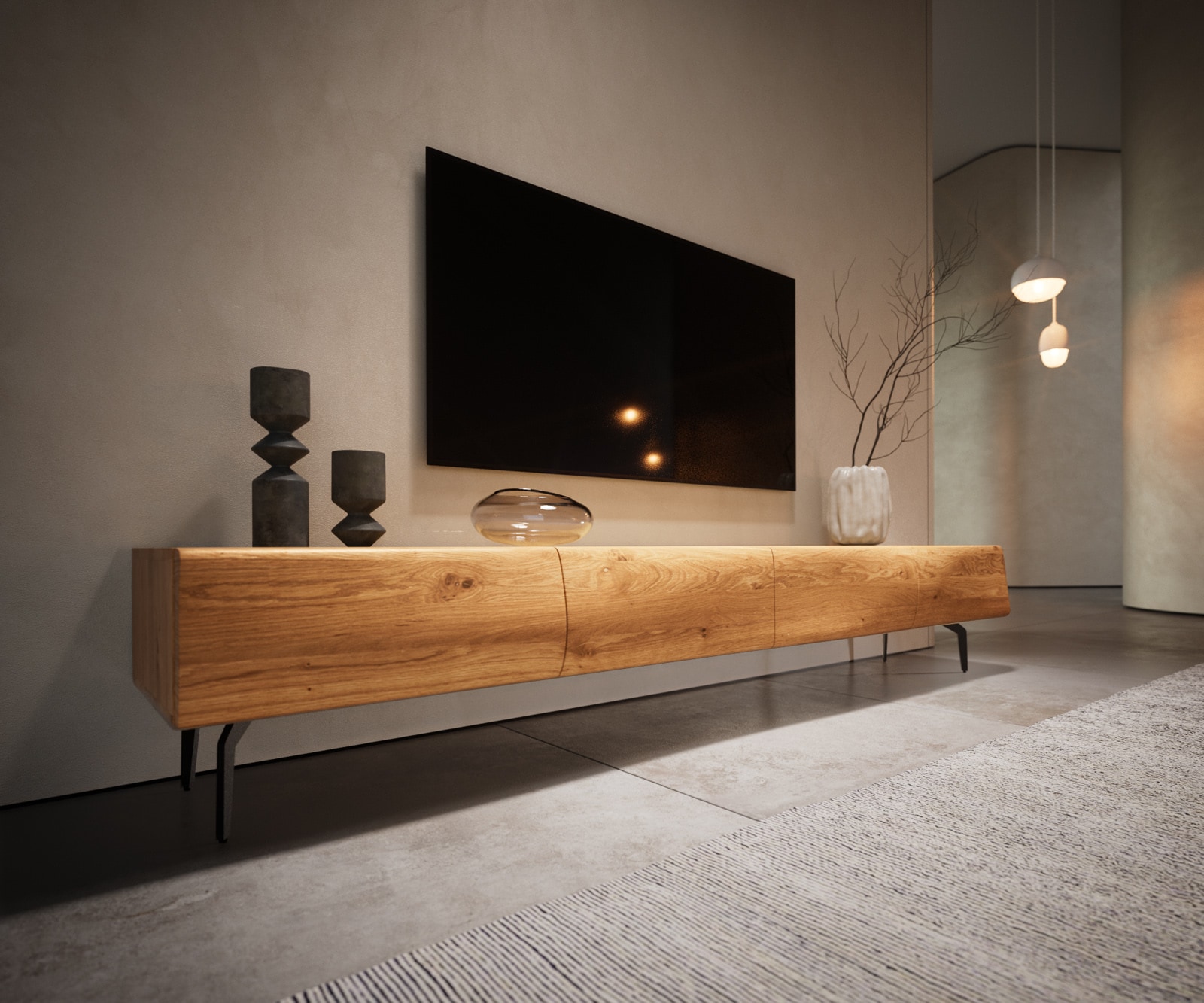 Lowboard New Live-Edge 200 cm Eiche Natur 4 Türen Winkelfuß Metall Schwarz 5