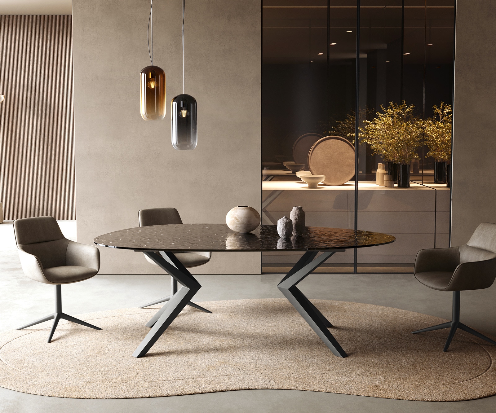 Esstisch Edge Oval 220x120 Reliefglas Rauchschwarz 3D-Design Zenthara kantig Metall Schwarz 2