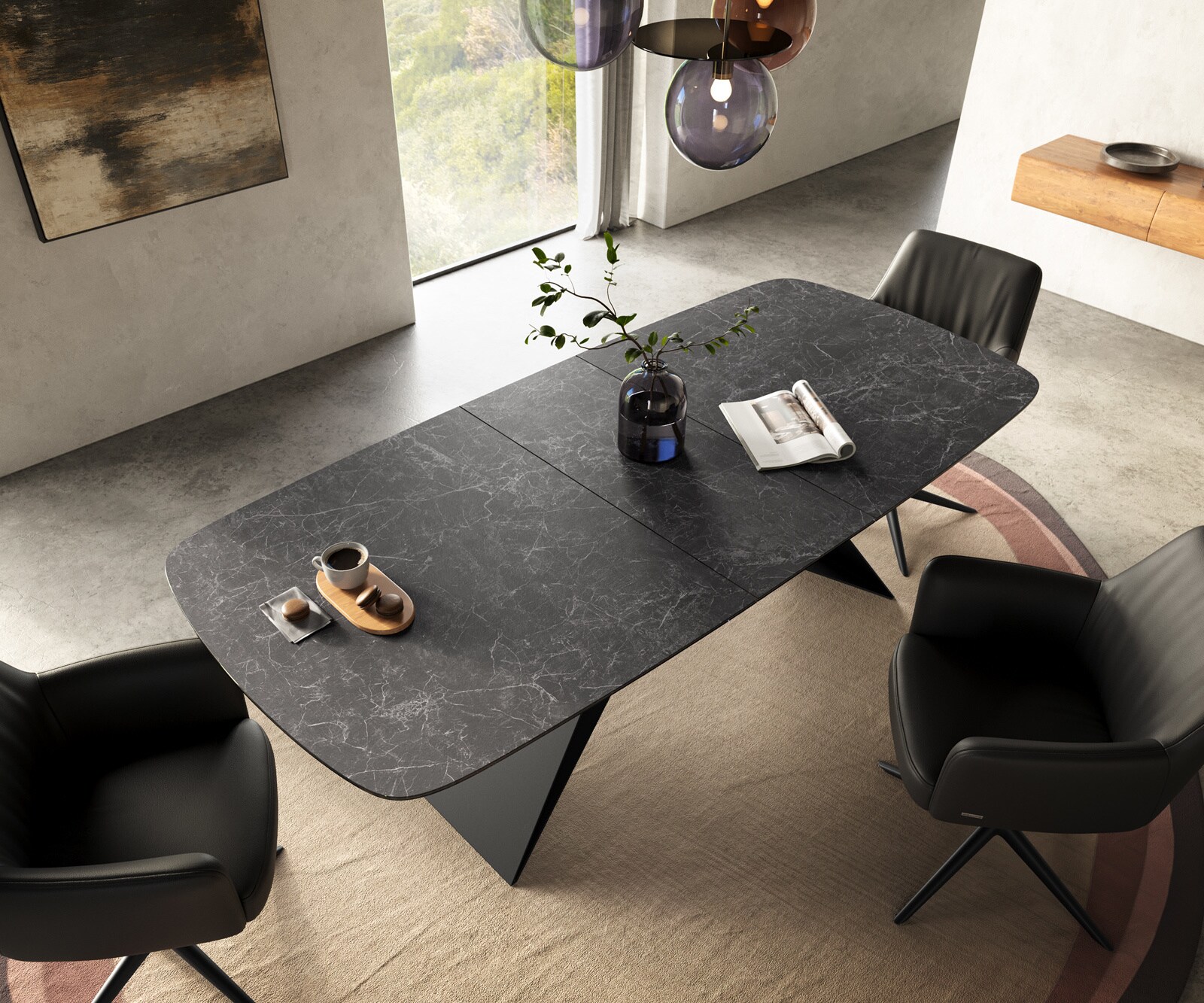 Esstisch Edge Boot 180-220x100 cm Keramik Laminam® Nero Greco Anthrazit V-Gestell Flachstahl Schwarz ausziehbar 4