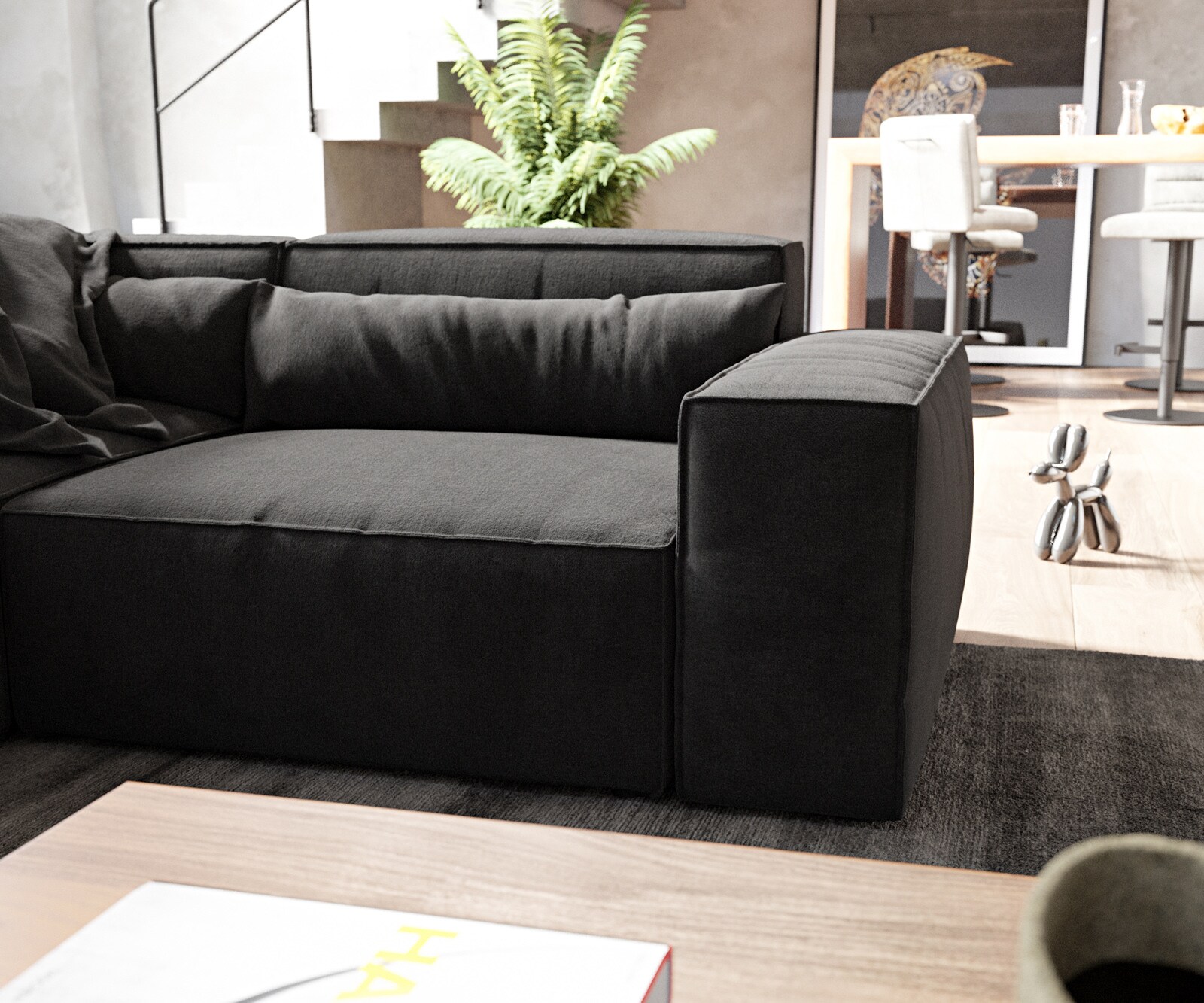 Wohnlandschaft Sirpio 300x210 cm Mikrofaser Schwarz Recamiere variabel mit Hocker 6