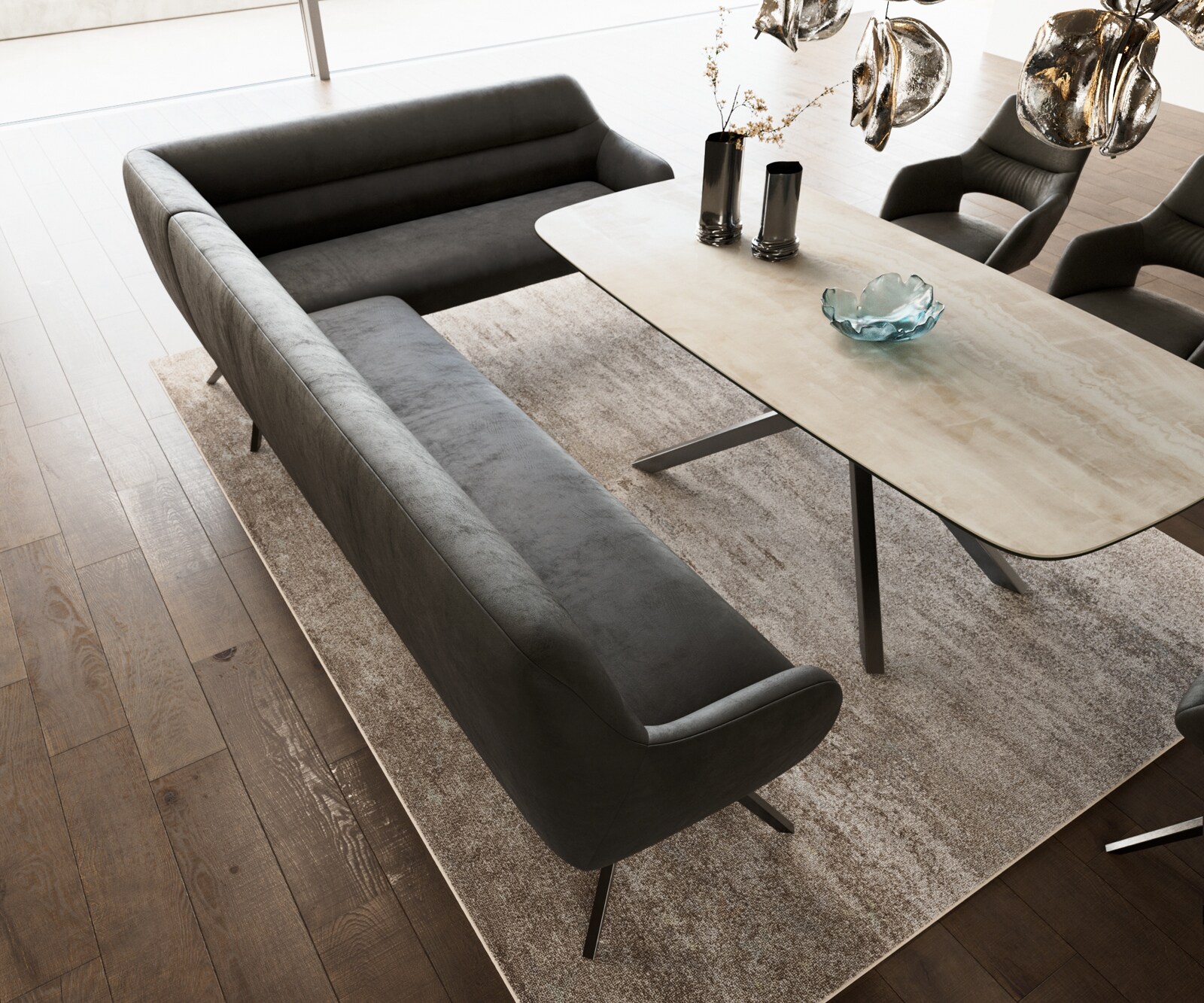 Esszimmerbank Taya-Flex 285x190 cm Mikrofaser Anthrazit Vintage Kreuzgestell kantig Graphit Taschenfederkern Links 4