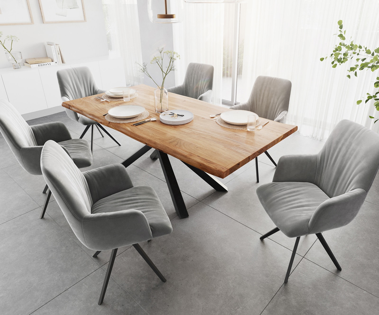 Esstisch Edge 200x100 Akazie Natur Kreuzgestell Rechteck Schwarz Live-Edge 6