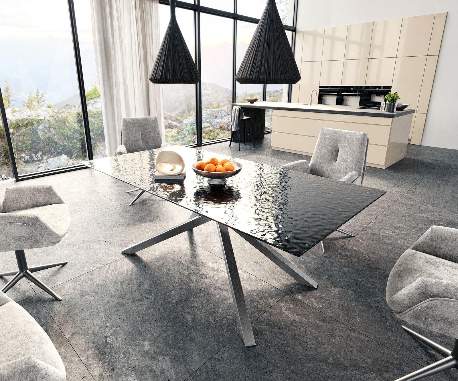 Esstisch Edge 200x100 Reliefglas Rauchschwarz 3D-Design Kreuzgestell Rechteck Edelstahl Esstisch Edge 200x100 Reliefglas Rauchschwarz 3D-Design Kreuzgestell Rechteck Edelstahl