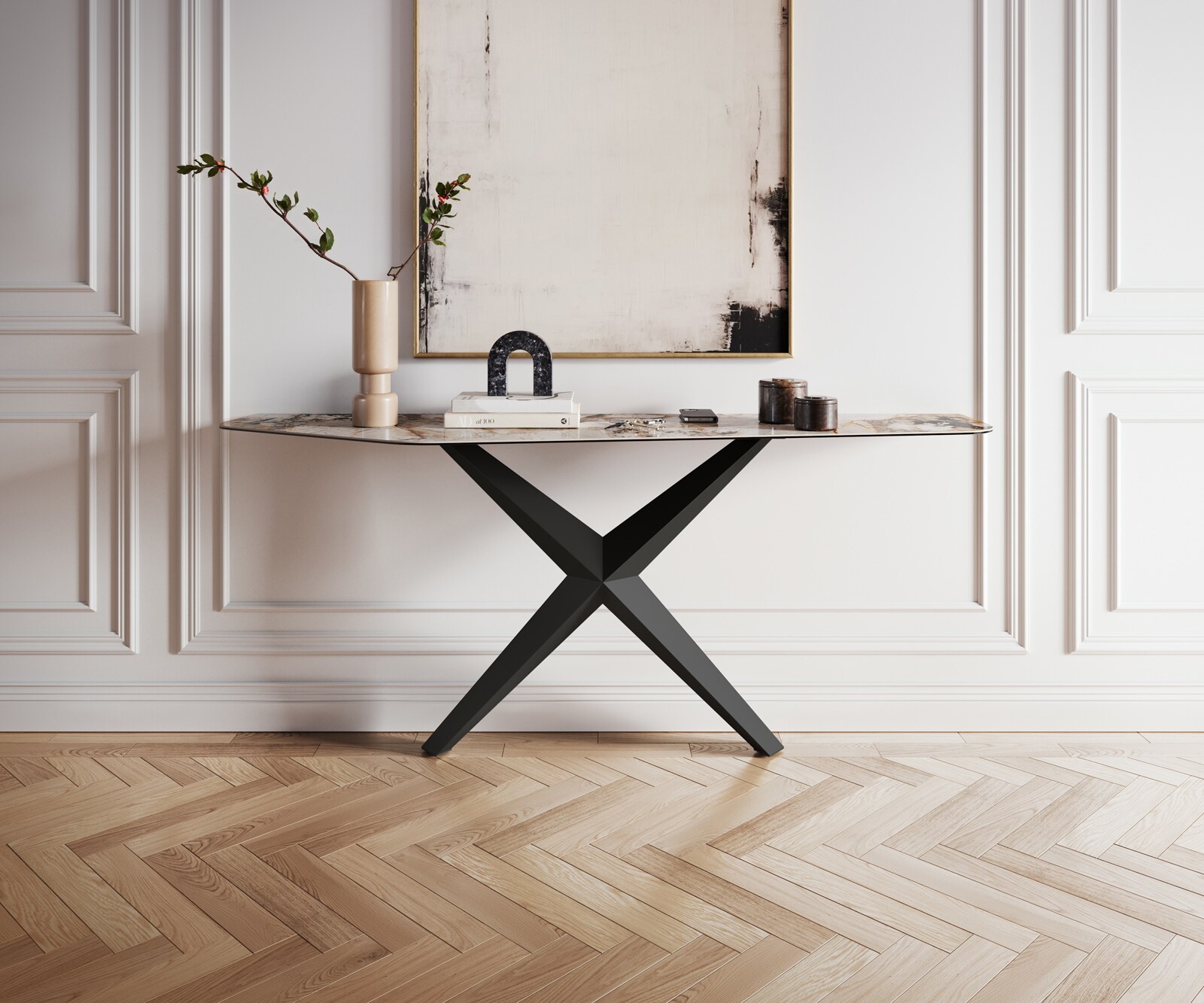 Konsolentisch Edge Polygonal 180x50 cm Keramik Patagonia Poliert Zentharo Metall Schwarz 3