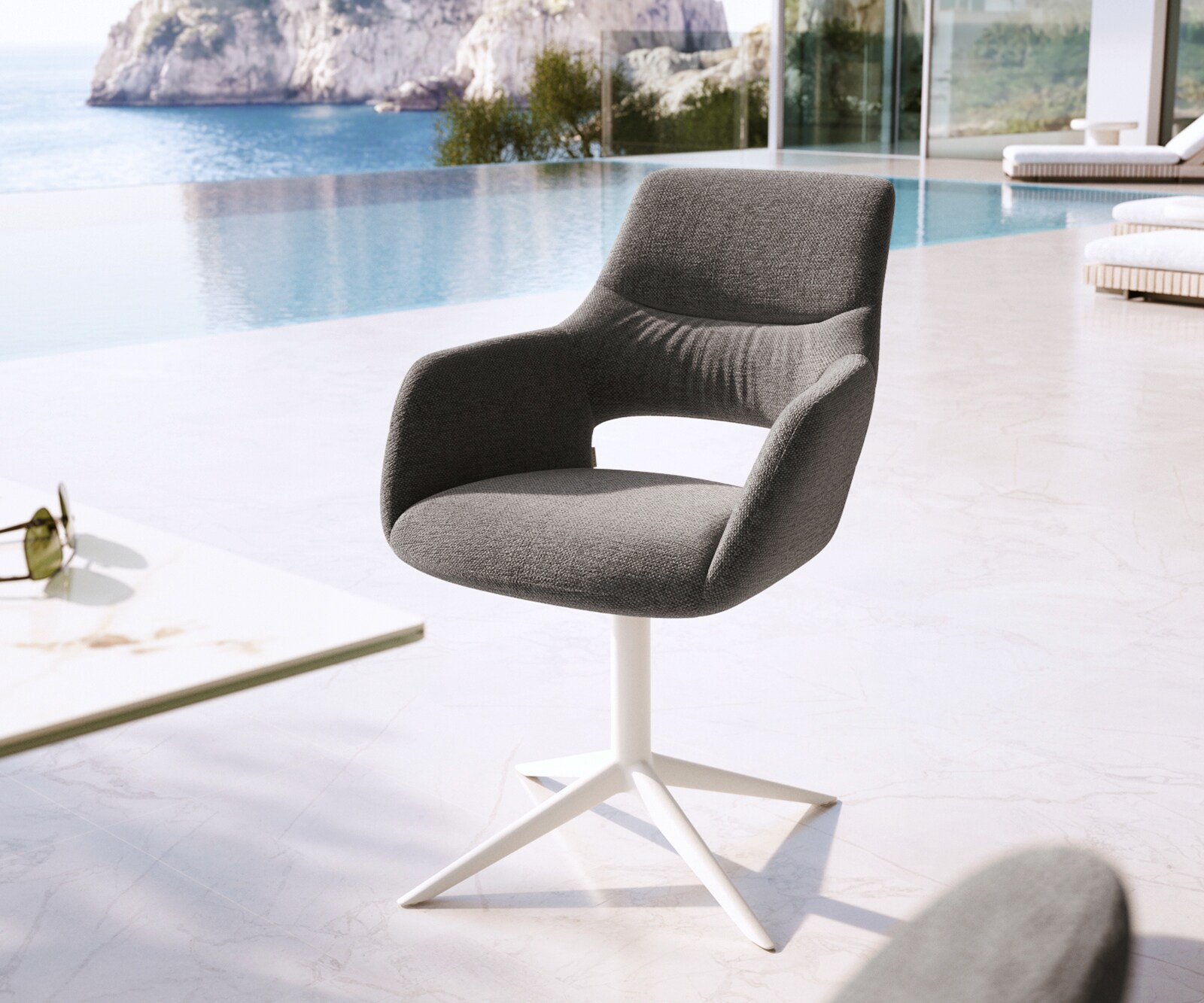 Outdoorstuhl Yago-Flex mit Armlehnen Strukturstoff Graphit Fußkreuz Weiß 360° drehbar Wippfunktion