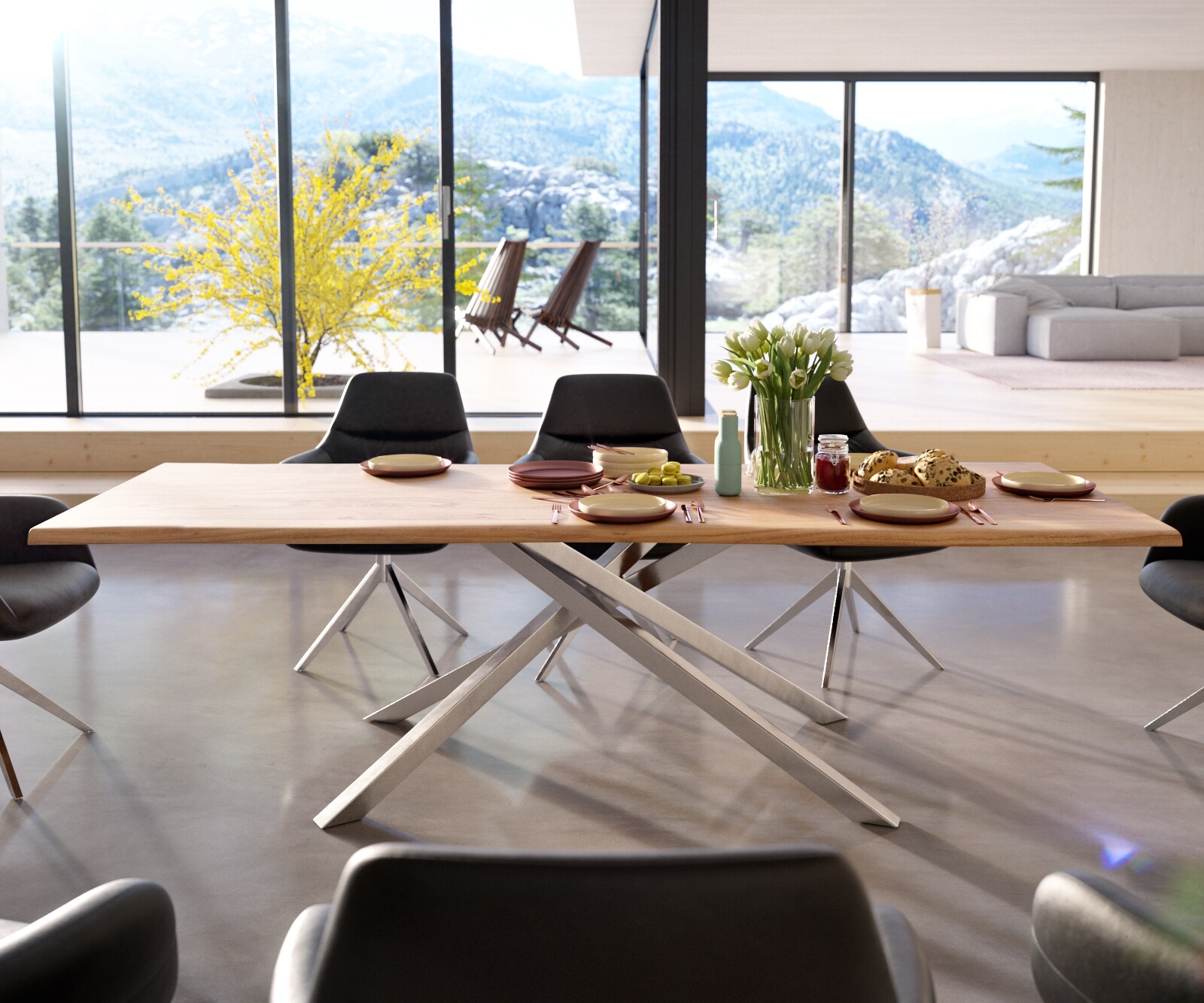Esstisch Edge 260x100 Akazie Natur Kreuzgestell Rechteck Edelstahl Live-Edge 1
