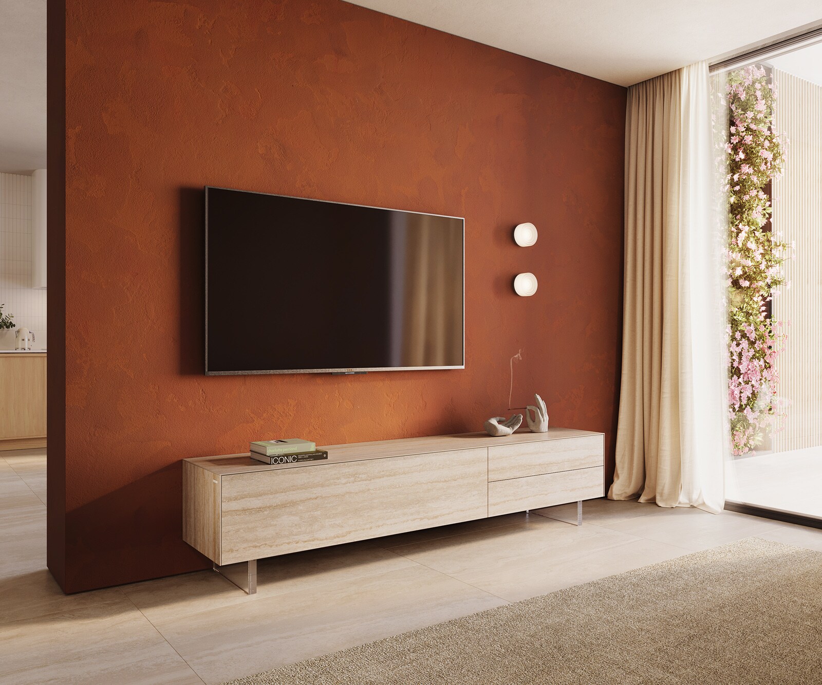 Lowboard Cuor 220 cm Keramik Laminam® Travertino Bianco Creme-Weiß 1 Klappe 2 Schubfächer Fuß Schwebeoptik Acrylglas