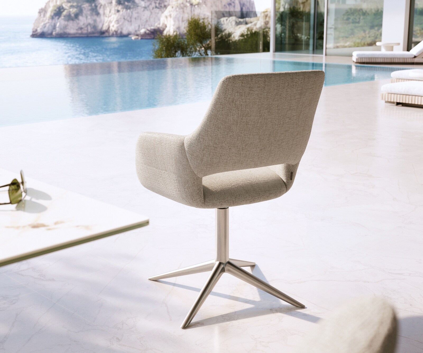 Outdoorstuhl Yago-Flex mit Armlehnen Strukturstoff Grau-Weiß Fußkreuz Edelstahl 360° drehbar Wippfunktion 4