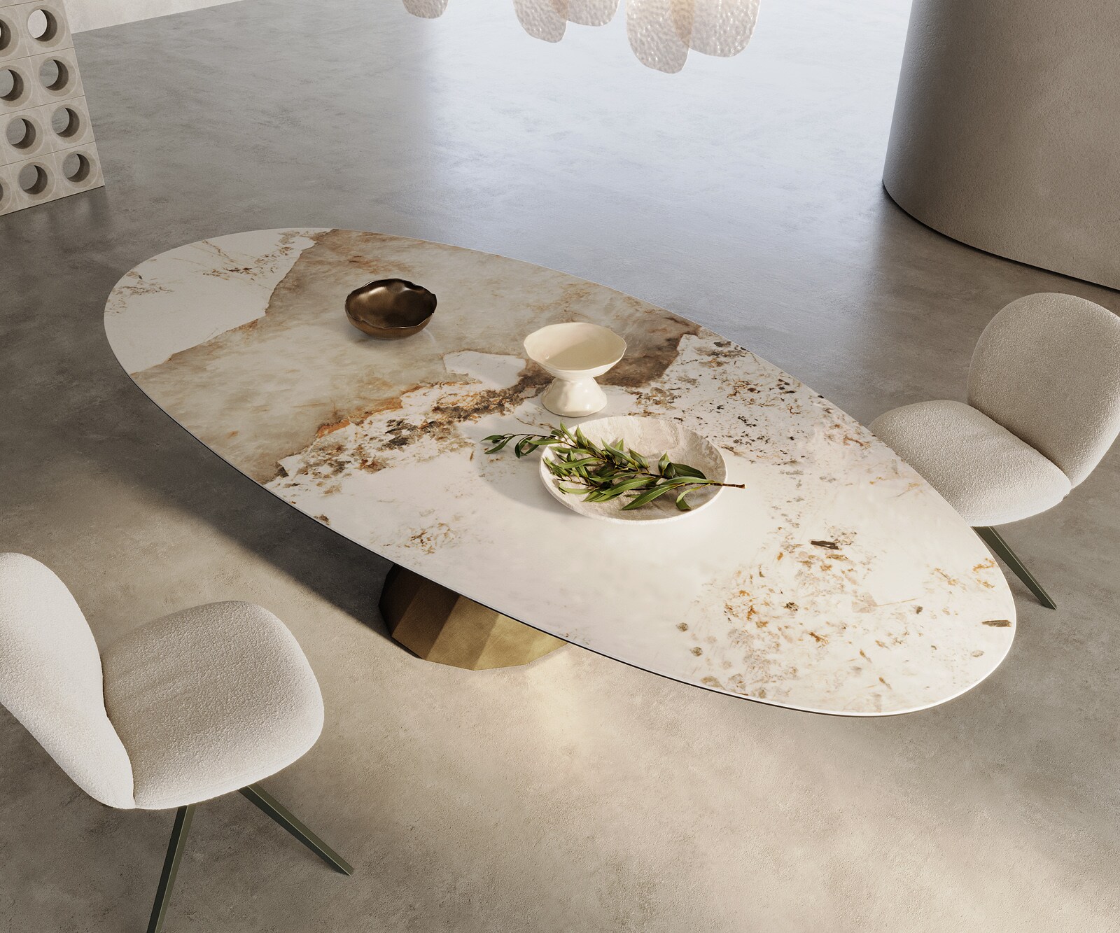 Esstisch Edge Oval 280x130 Keramik Minas Melange Weiß-Beige Parabel Metallic Gold 1