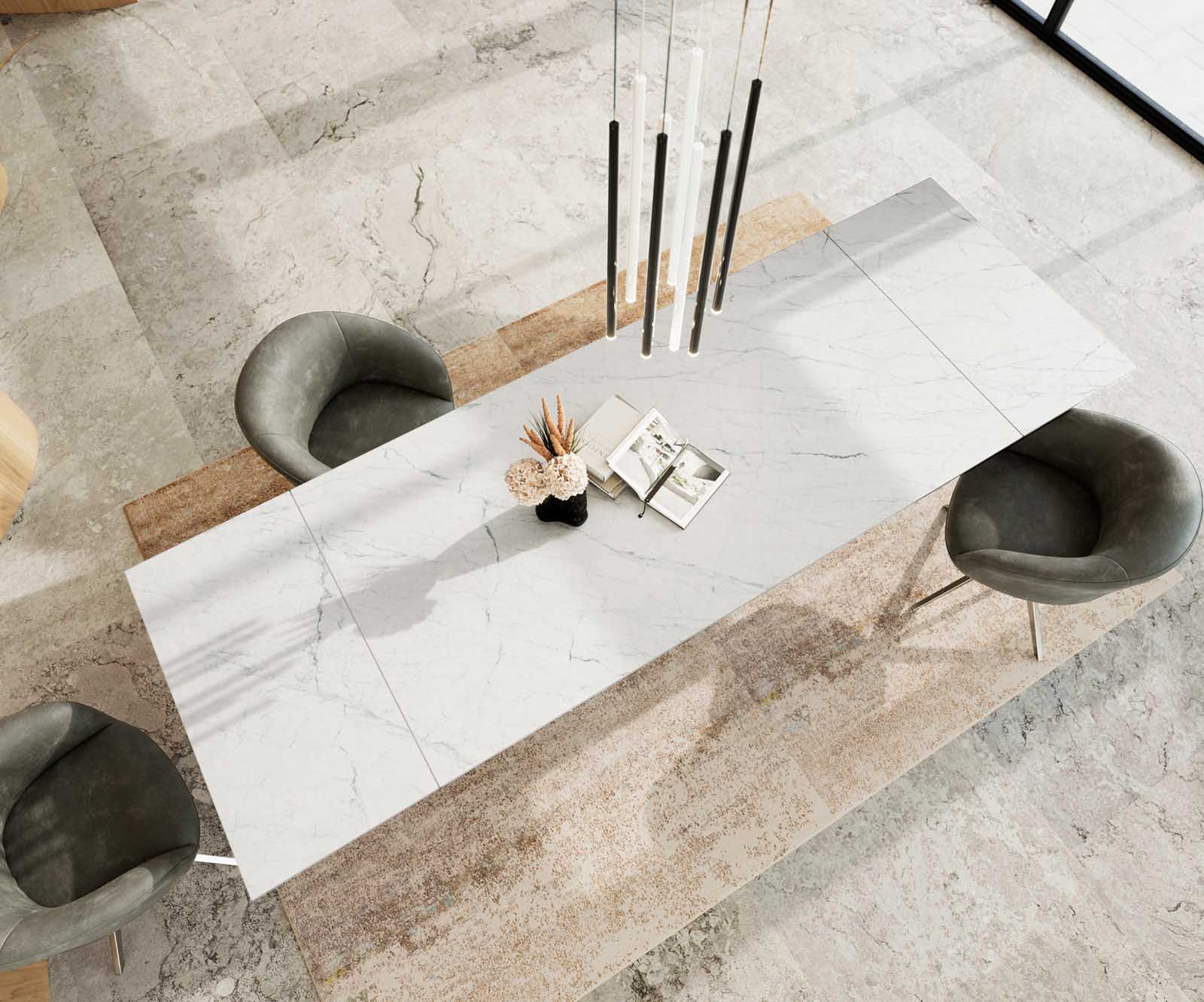 Esstisch Edge 200-300x100 Keramik Laminam®Statuarietto Weiß Wave Edelstahl ausziehbar 3