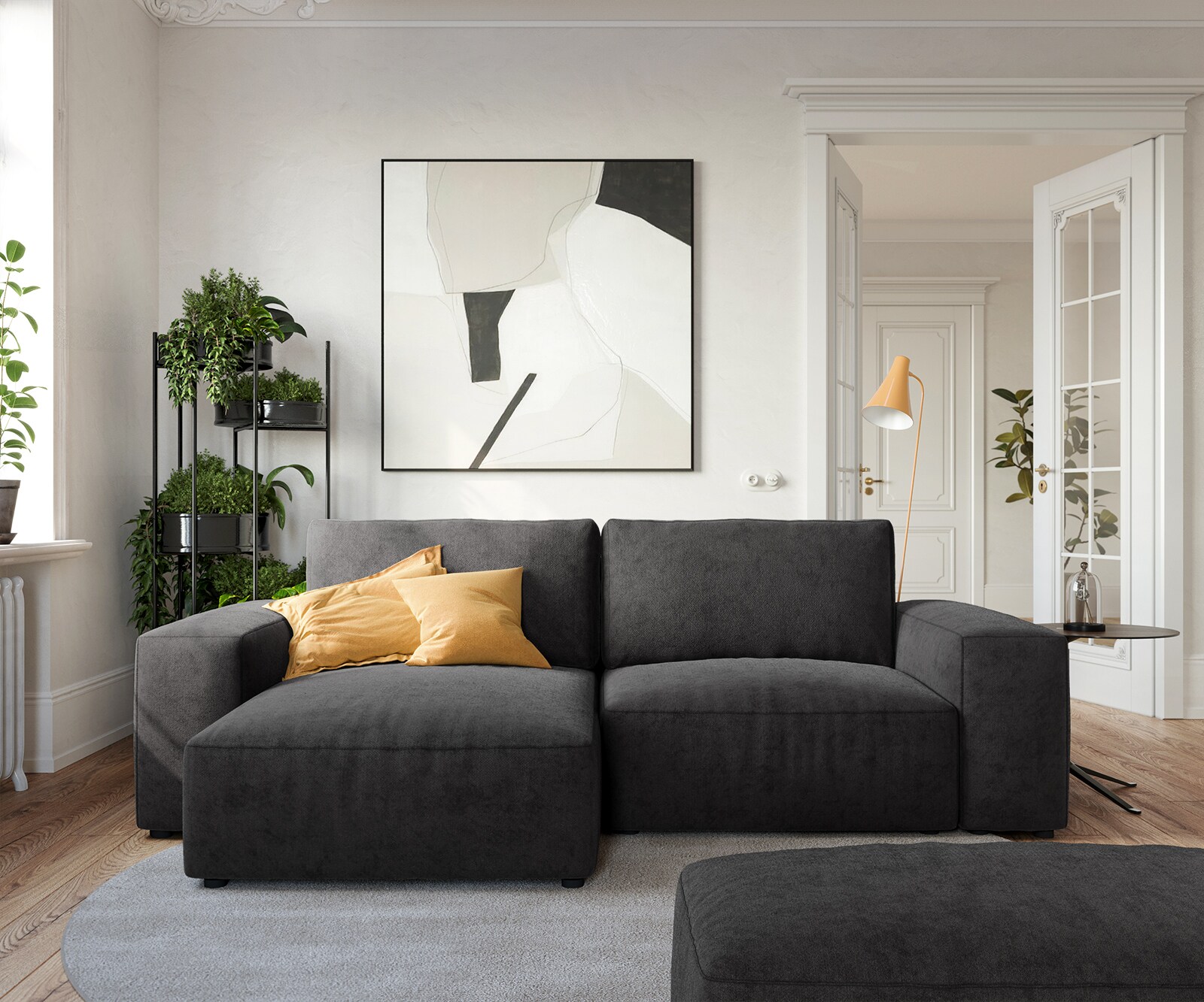 Ecksofa Lanzo 230x155 cm Mikrofaser Schwarz Recamiere variabel mit Hocker 1