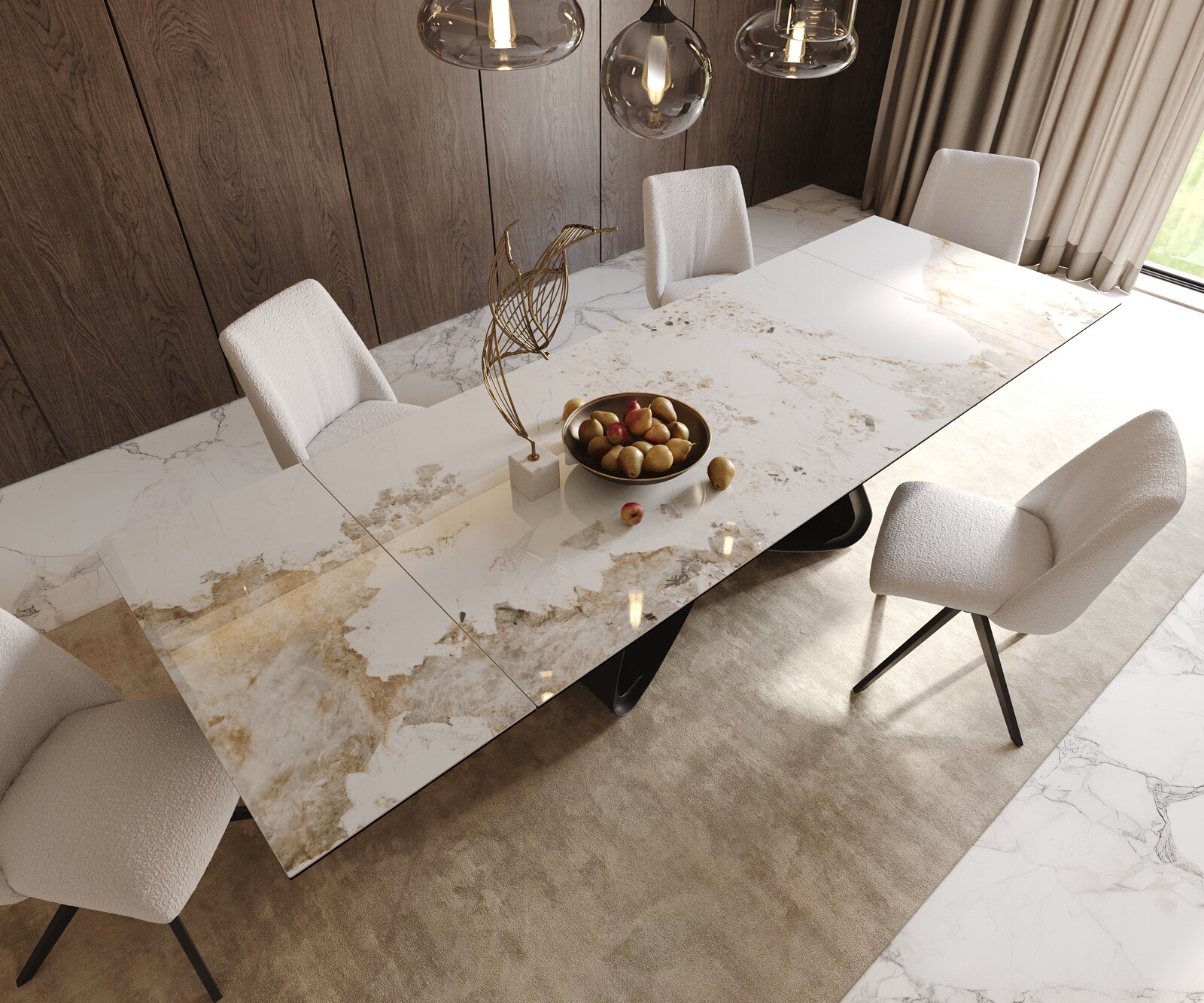 Esstisch Edge 200-300x100 Keramik Minas Melange Weiß-Beige W-Gestell Schwarz ausziehbar 5