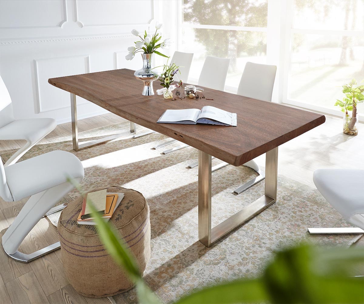 Esstisch Edge 300x100 XL Akazie Braun Edelstahl Schmal Live-Edge Esstisch Edge 300x100 XL Akazie Braun Edelstahl Schmal Live-Edge