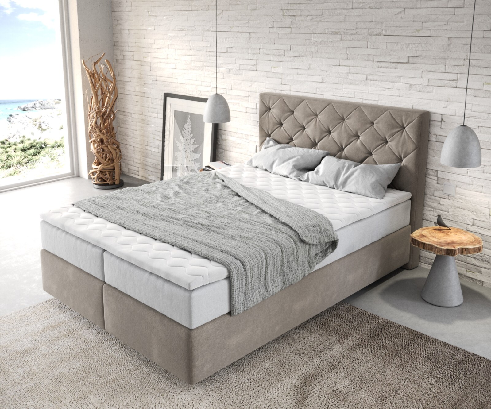 Boxspringbett Dream-Great 140x200 cm Mikrofaser Beige mit TFK Matratze und Visco Topper 3