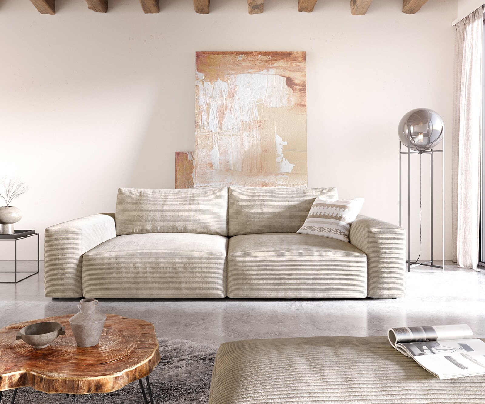 Big-Sofa Lanzo XL 270x130 cm Cord Beige mit Hocker 1