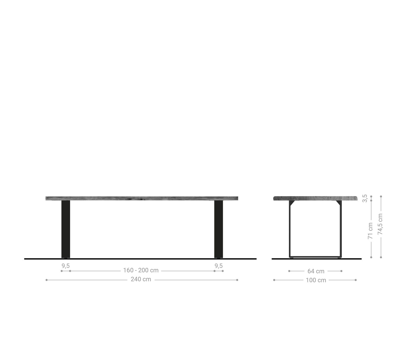 Esstisch Edge 240x100cm Akazie Natur Edelstahl schmal Live-Edge 6