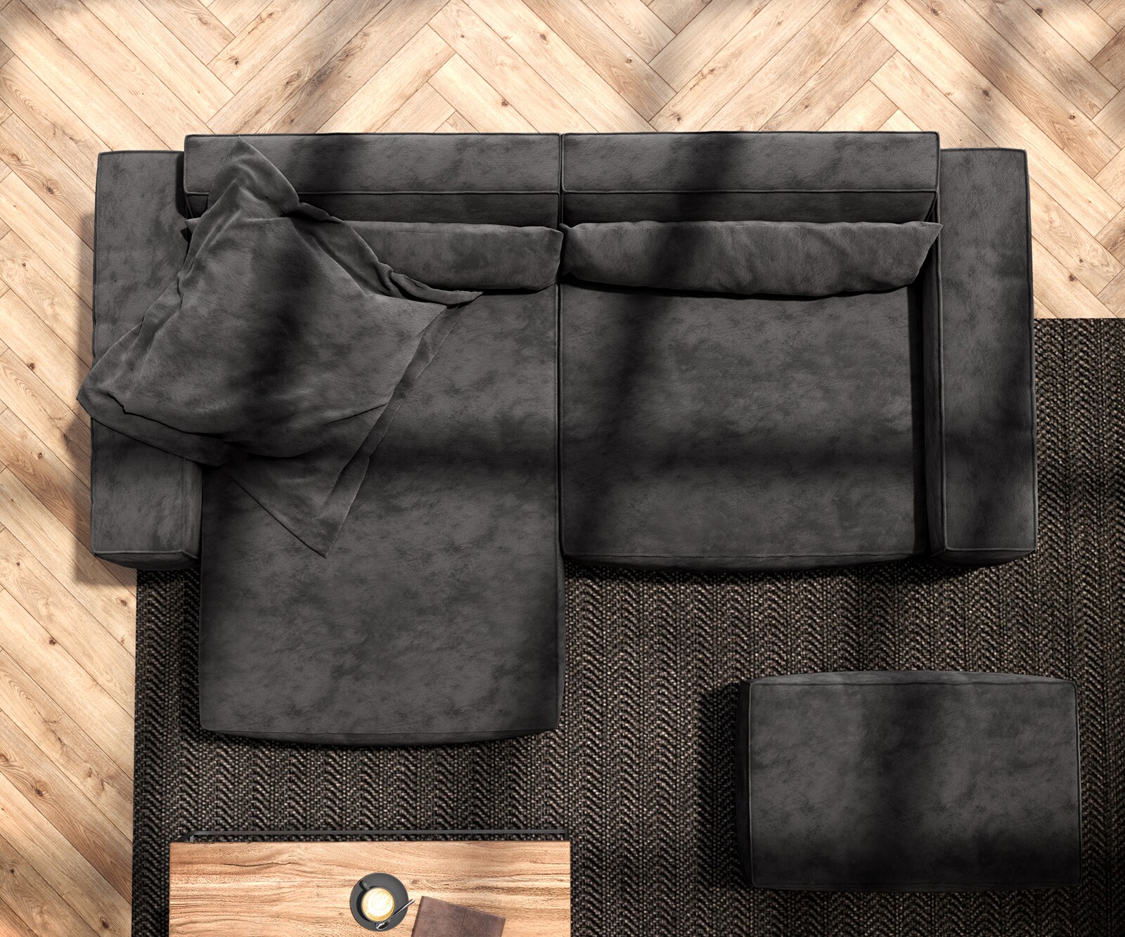 Ecksofa Sirpio 230x155 cm Mikrofaser Schwarz Recamiere variabel mit Hocker 5