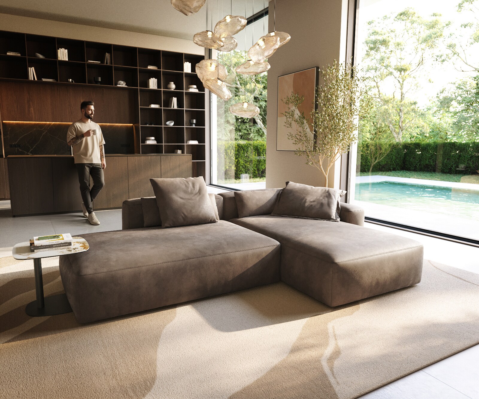 Ecksofa Freestyle 310x200 cm Mikrofaser Taupe Vintage Kappnaht