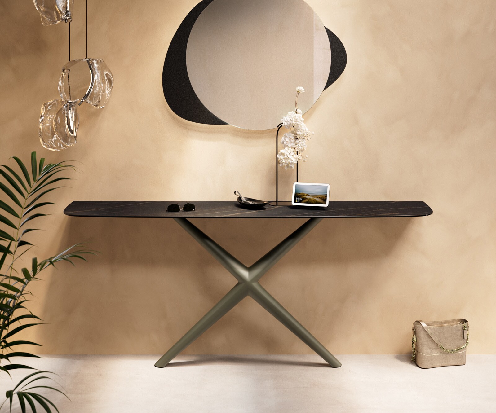 DELIFE Konsolentisch Edge Boot 180x40 cm Keramik Laminam Noir Desir Braun Estelo Metall Effektfinish Titan, Konsolentische - B180 x T40 x H79 cm