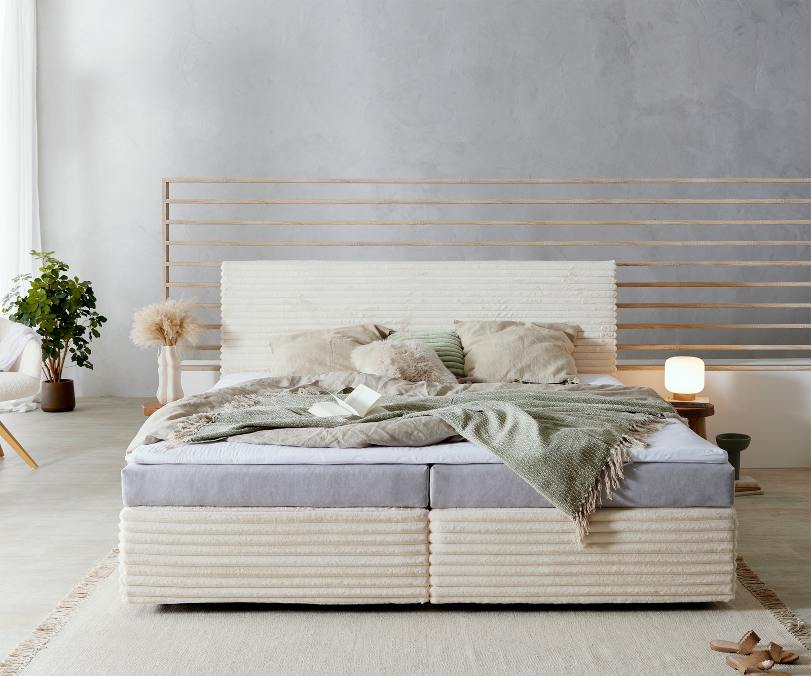 Boxspringbett Dream-Well Plüsch-Cord Beige 200x200 cm Bonell-Matratze PU-Topper 1 Boxspringbett Dream-Well Plüsch-Cord Beige 200x200 cm Bonell-Matratze PU-Topper 1