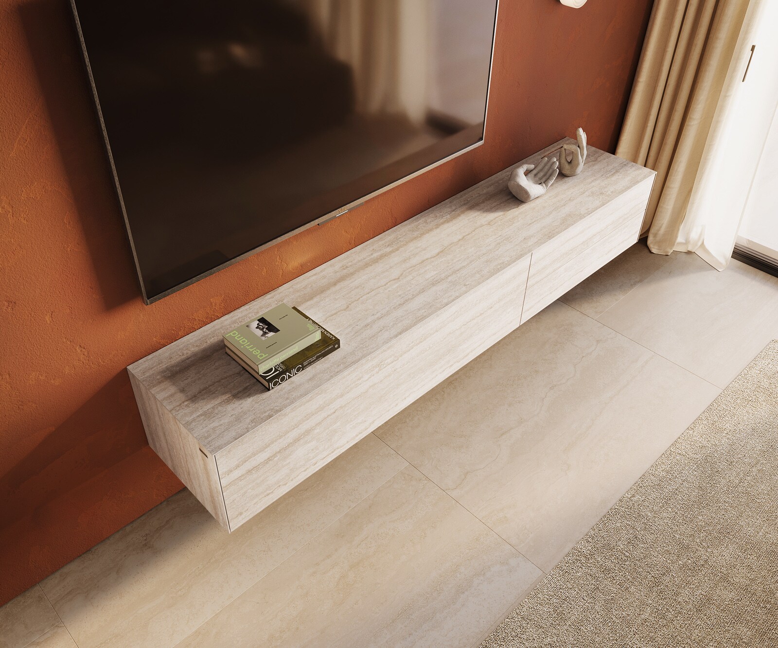 Lowboard Cuor 220 cm Keramik Laminam® Travertino Bianco Creme-Weiß 1 Klappe 2 Schubfächer Schwebend 4