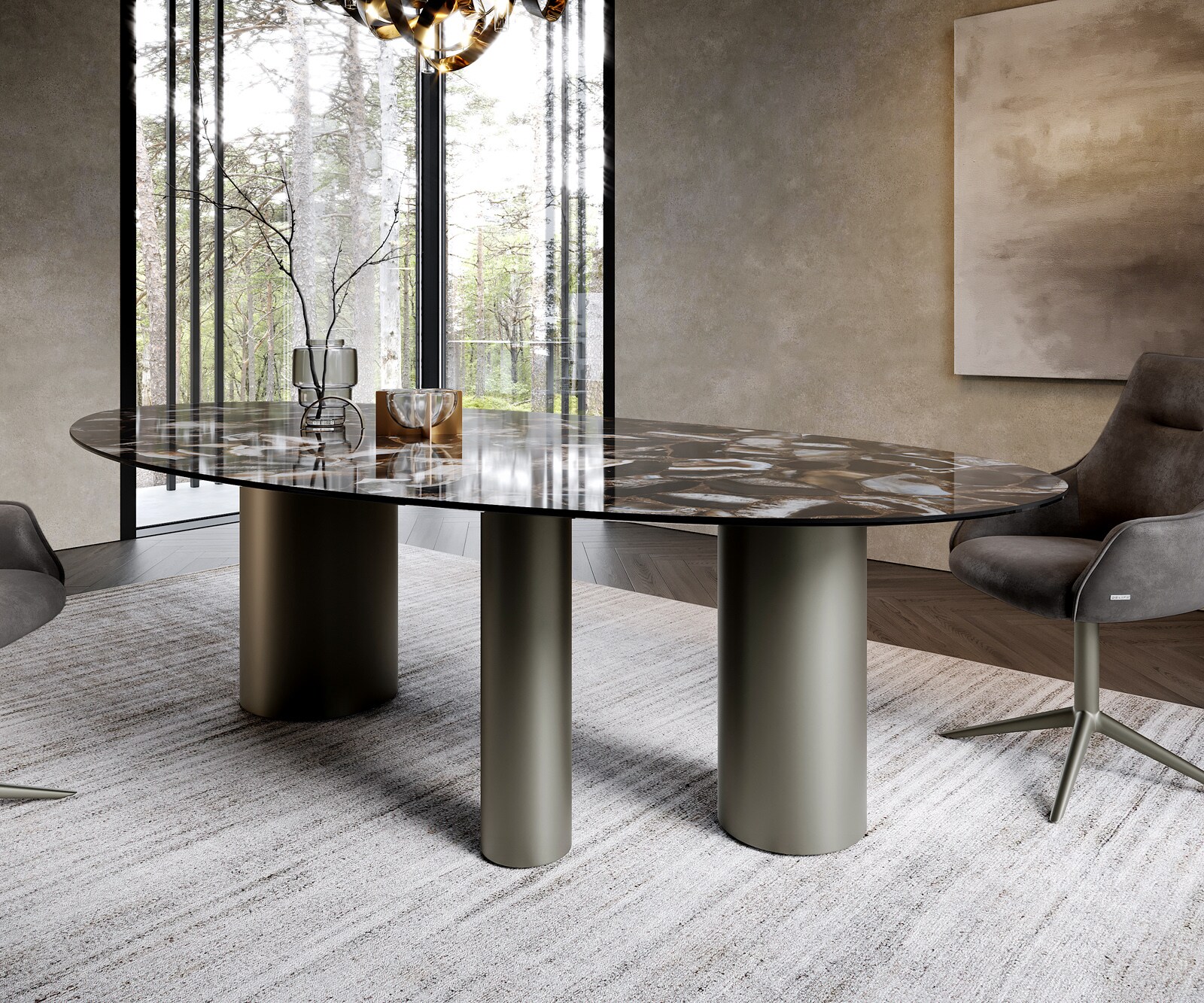 Esstisch Edge Oval 280x130 Keramik Iris FMG Agatablack Troa Metall Effektfinish Titan 6