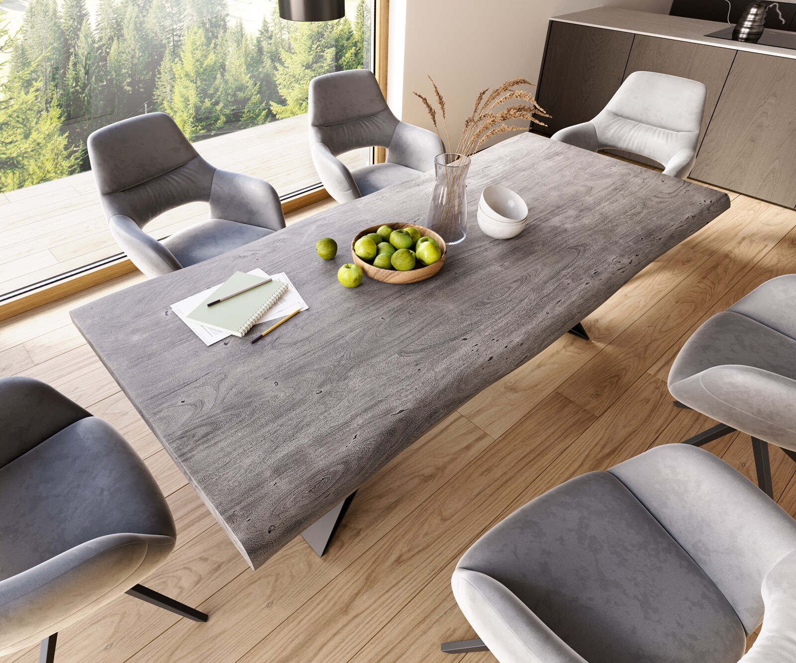 Esstisch Edge 220x100 XL Akazie Platin V-Gestell Flachstahl Schwarz Live-Edge 4