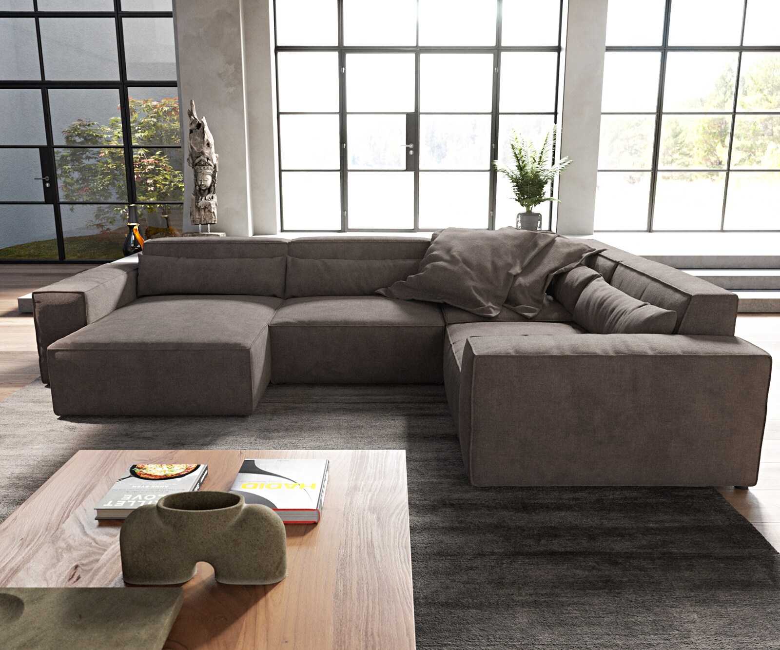 Wohnlandschaft Sirpio 300x210 cm Mikrofaser Khakibraun Recamiere variabel 1