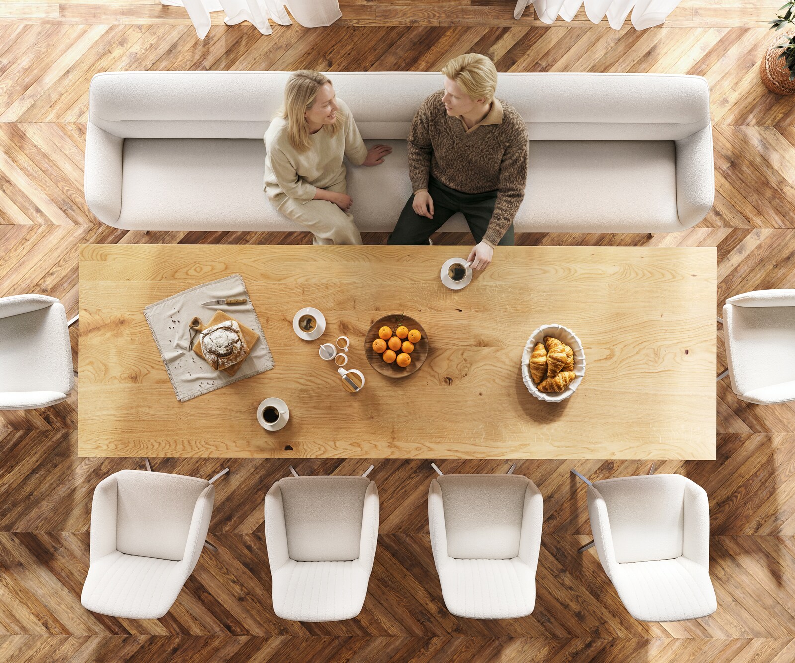 Esszimmerbank Taya-Flex 300 cm Bouclé Creme-Weiß Kreuzgestell kantig Edelstahl Taschenfederkern 5