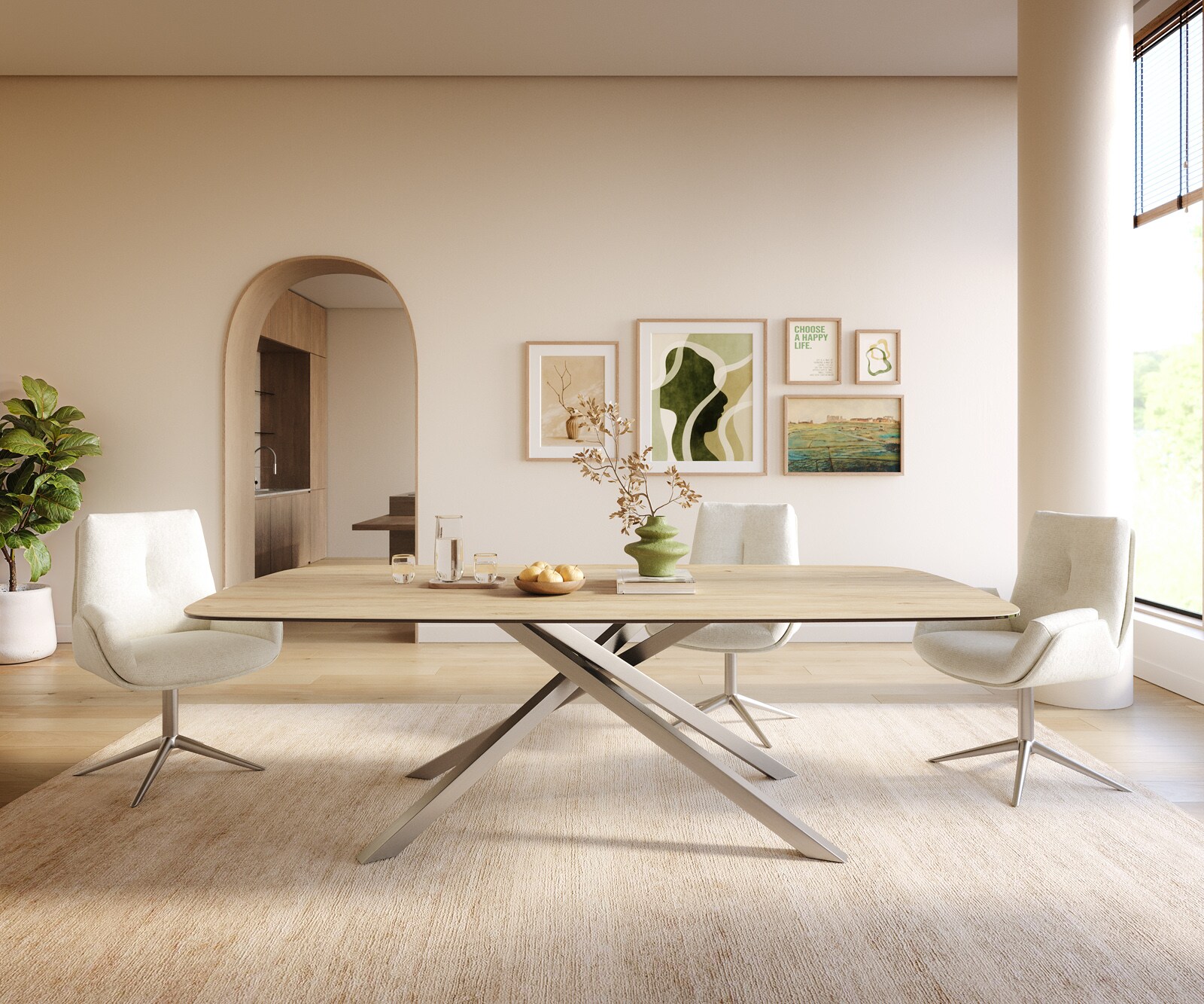 Esstisch Edge Boot 240x120 cm Keramik Laminam® Sabbia Eichefarbig Kreuzgestell Rechteck Edelstahl 2