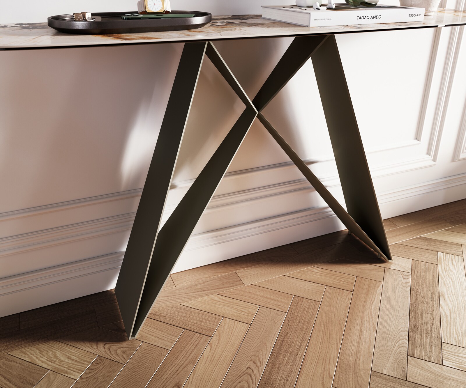 Konsolentisch Edge Boot 140x40 cm Keramik Patagonia Poliert Velio Metall Effektfinish Titan 5